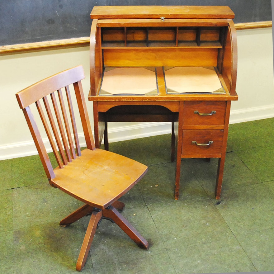 Vintage Child Size Oak Roll Top Desk with Chair