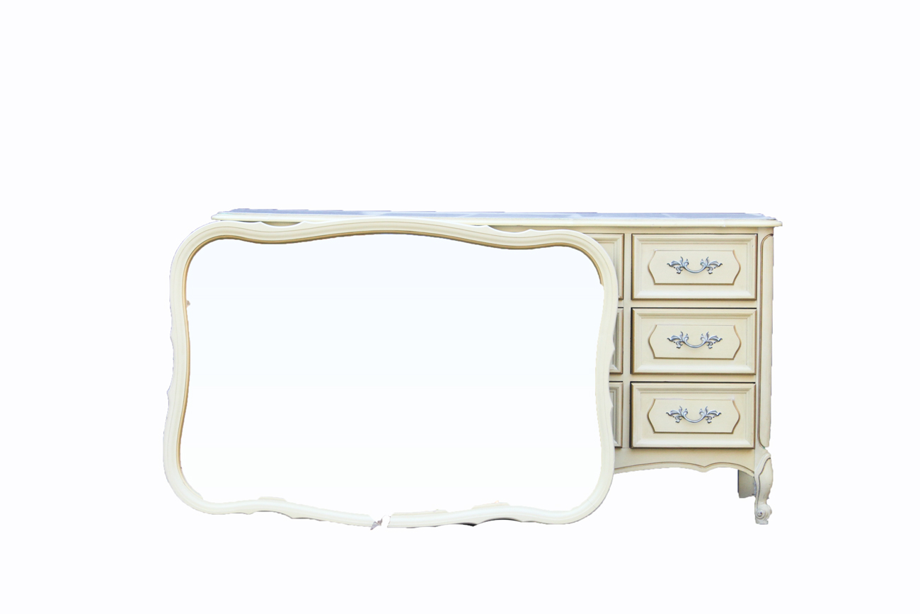 Vintage Cream and Gold Wooden Chest of Drawers and Mirror