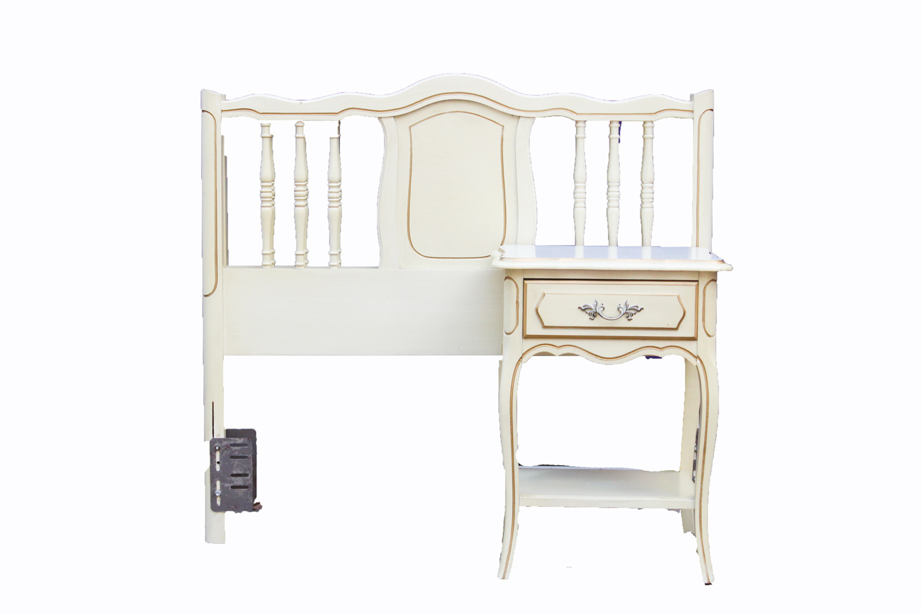 Vintage Cream and Gold Painted Wooden Headboard and Nightstand