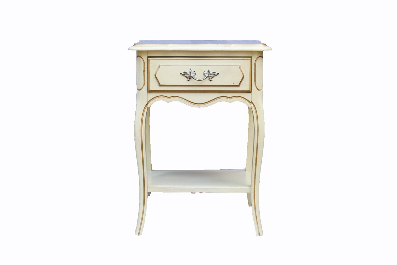 Vintage Cream and Gold Painted Wooden Headboard and Nightstand