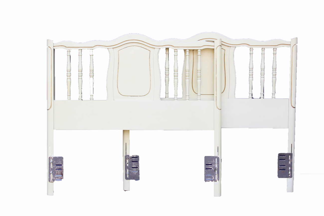 Vintage Cream and Gold Painted Wooden Headboard and Nightstand