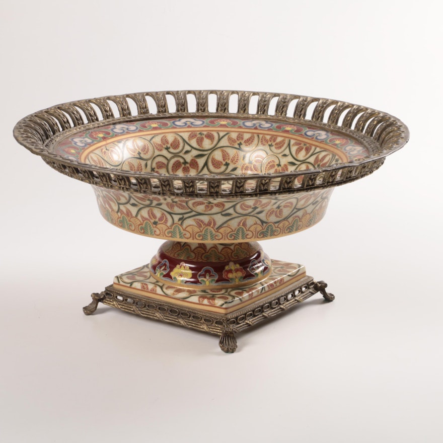 Chinese Decorative Ceramic and Brass Tone Pedestal Bowl