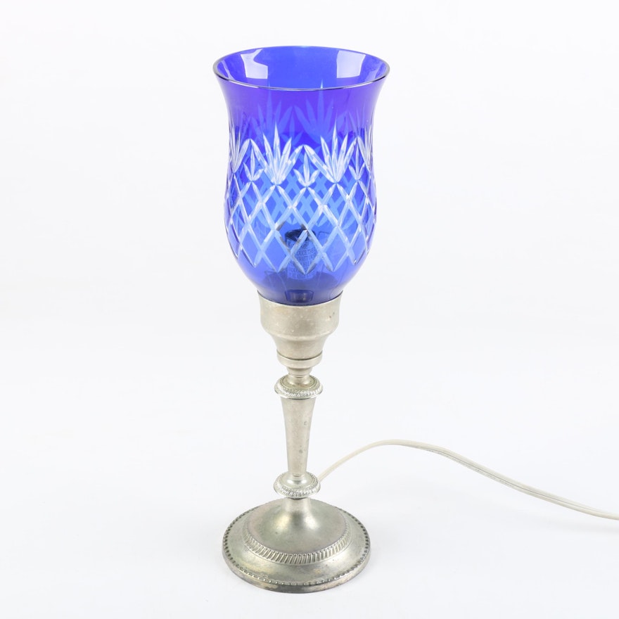 Torch Style Accent Lamp With Blue Cut Glass Shade