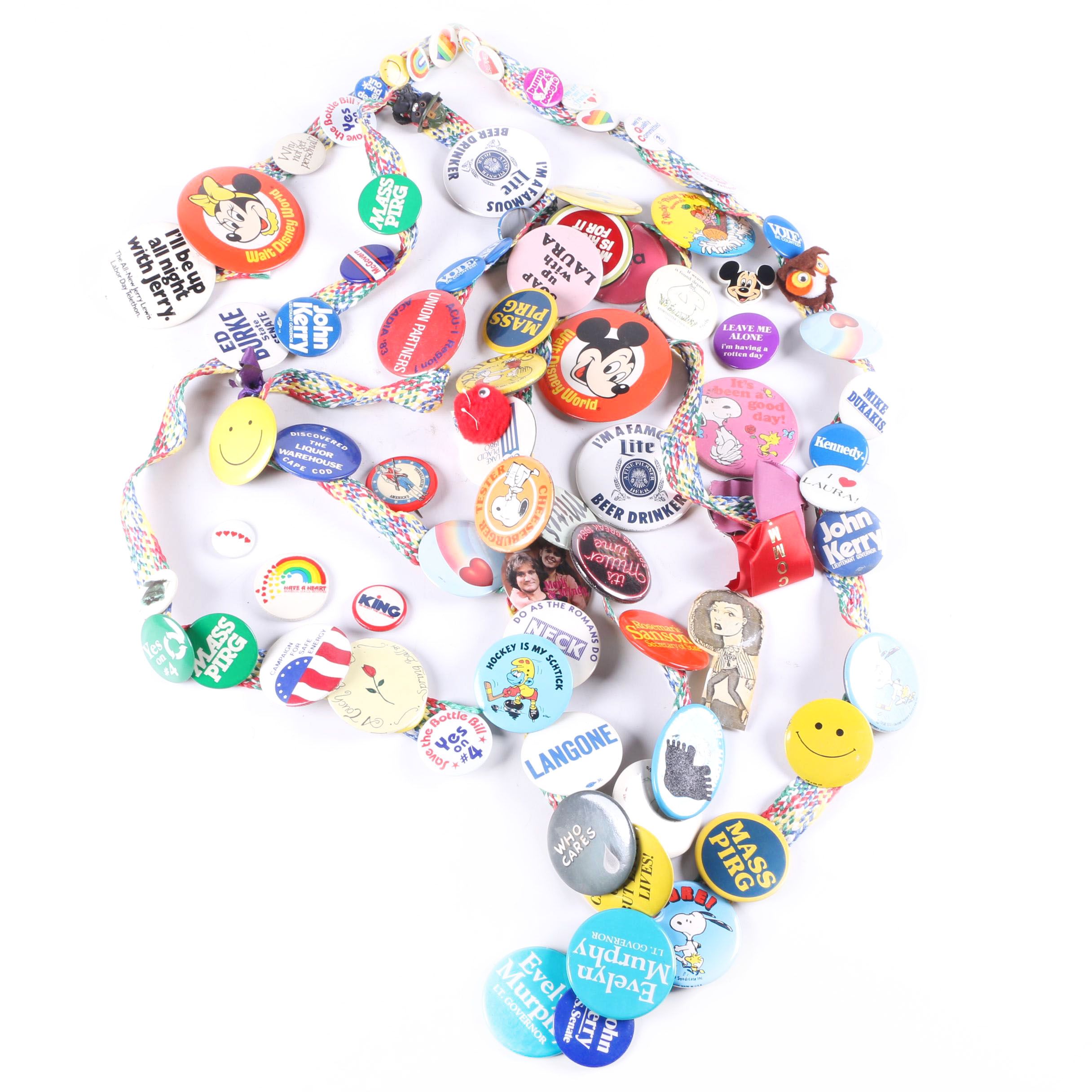 Vintage Pinback Buttons Including Political, Disney, Miller Brewing And More