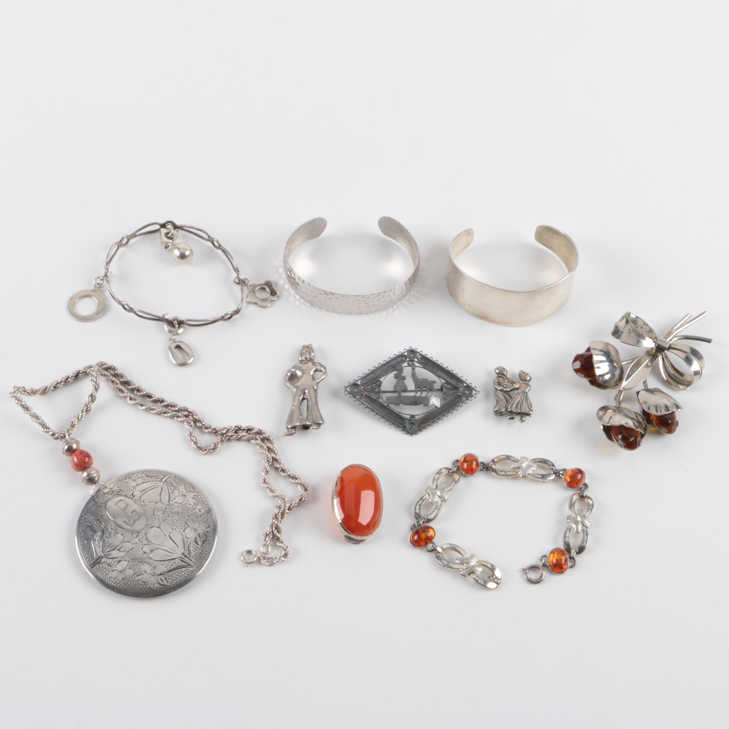 Grouping of Sterling Silver Jewelry Including Amber and Base Metal Brooch