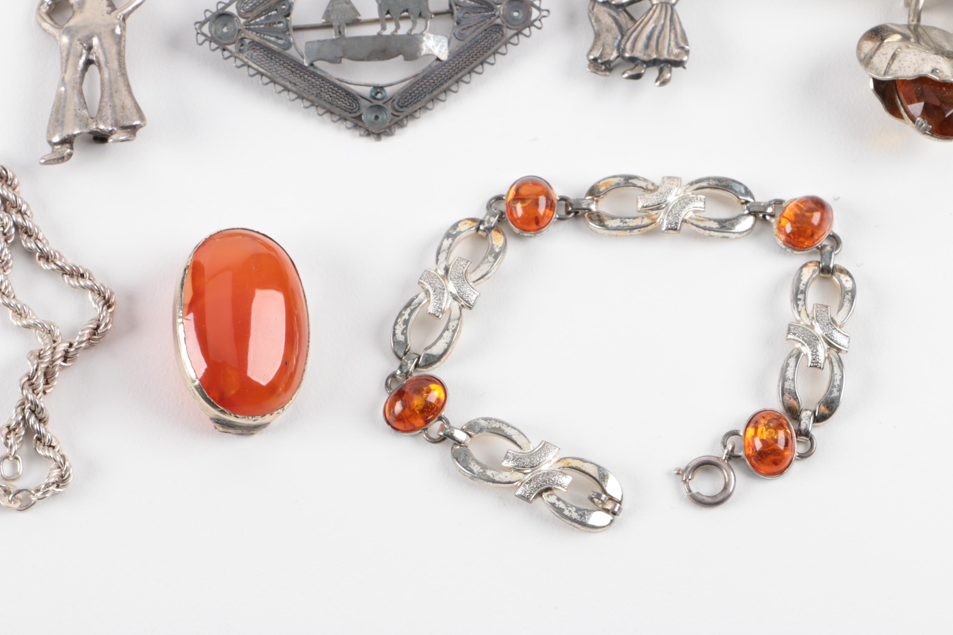 Grouping of Sterling Silver Jewelry Including Amber and Base Metal Brooch