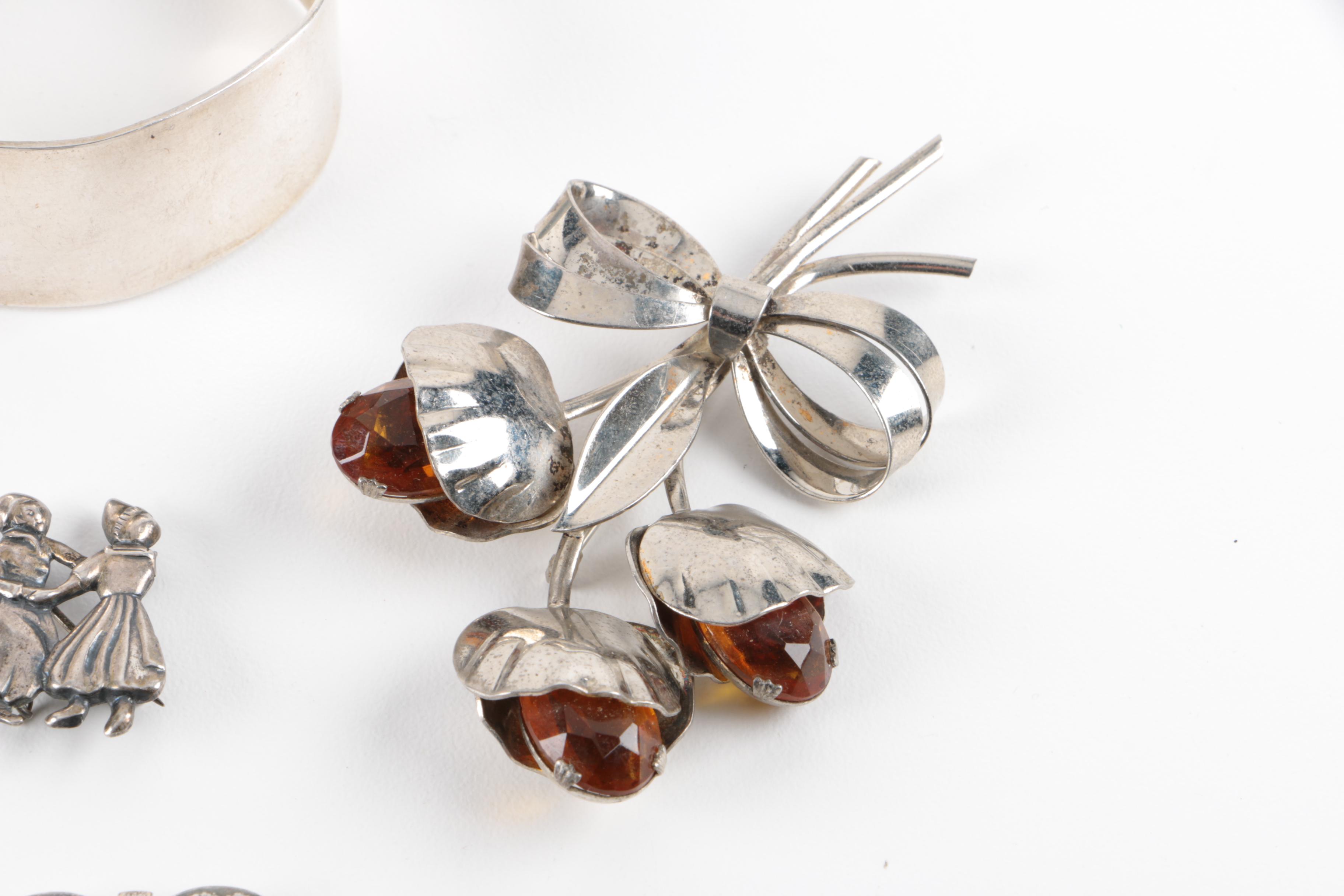 Grouping of Sterling Silver Jewelry Including Amber and Base Metal Brooch