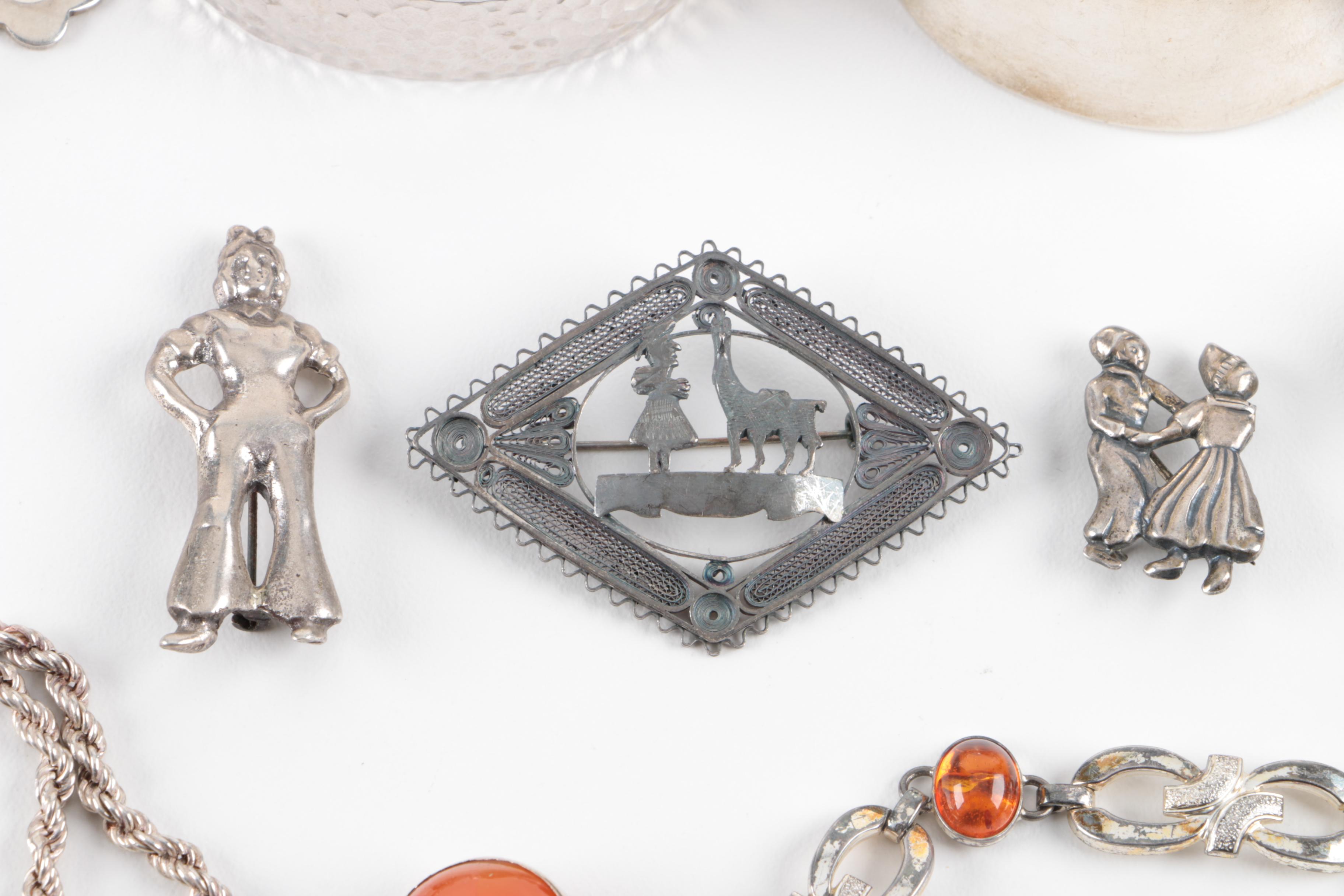 Grouping of Sterling Silver Jewelry Including Amber and Base Metal Brooch
