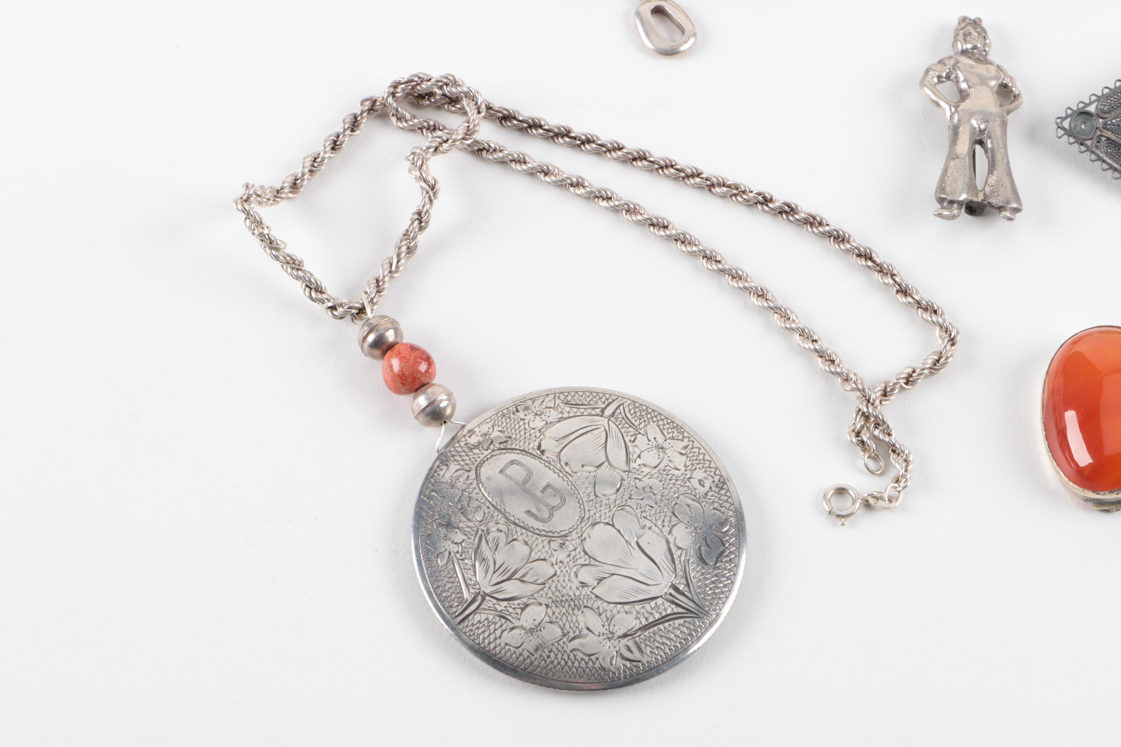 Grouping of Sterling Silver Jewelry Including Amber and Base Metal Brooch