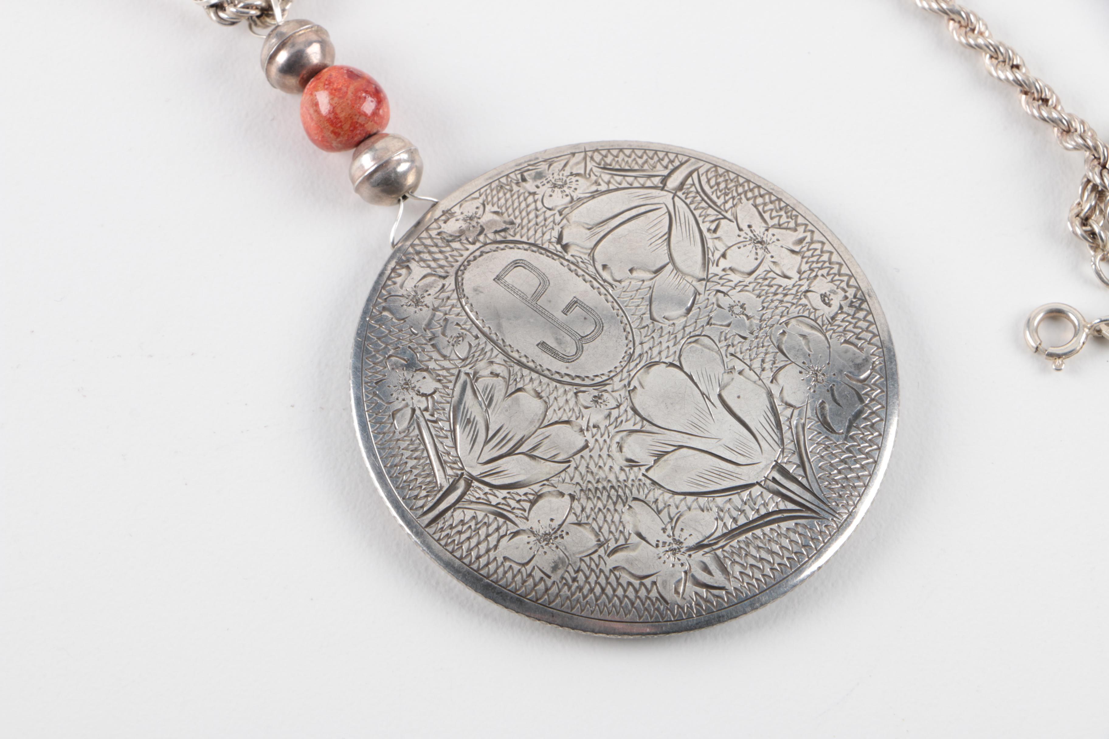 Grouping of Sterling Silver Jewelry Including Amber and Base Metal Brooch