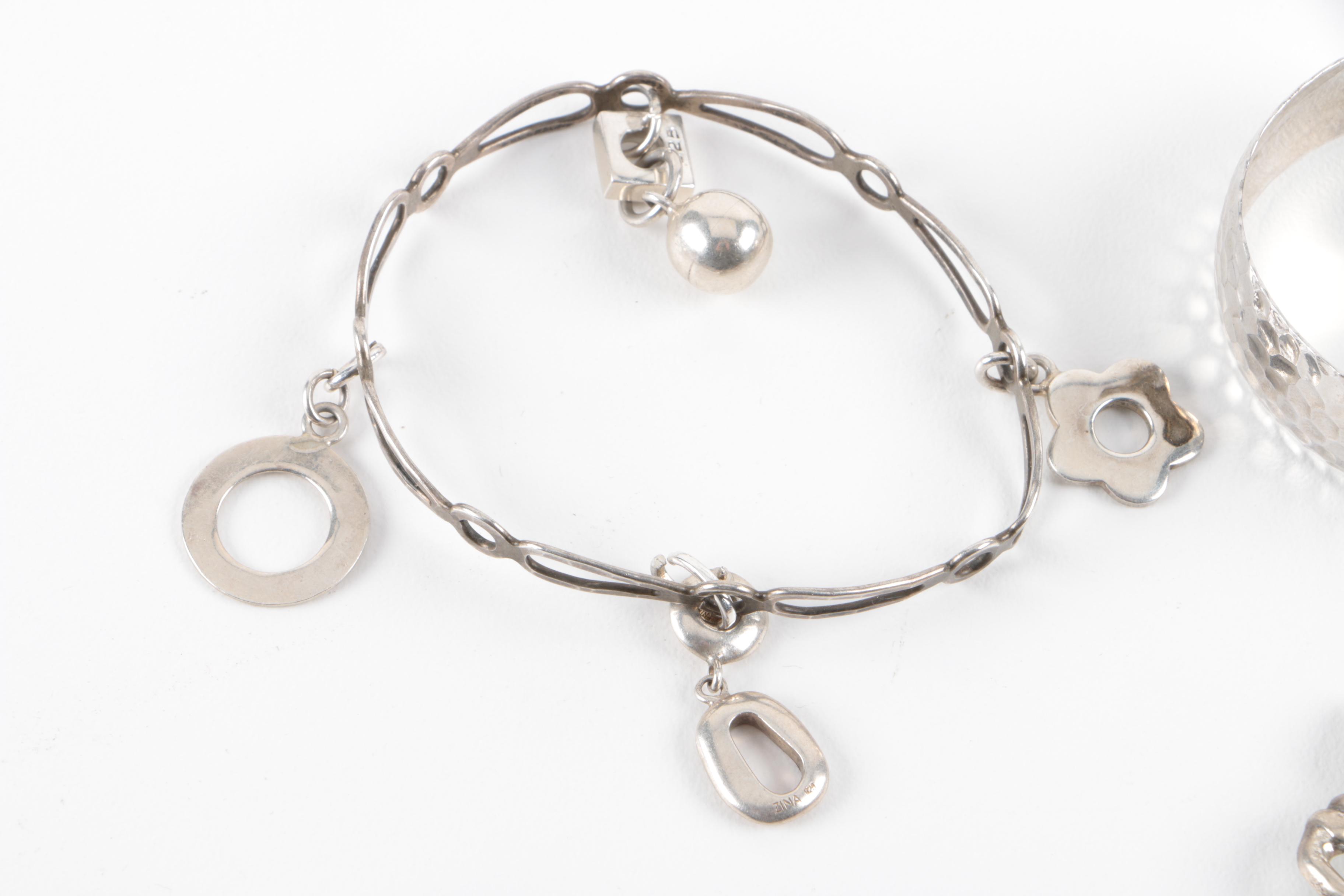 Grouping of Sterling Silver Jewelry Including Amber and Base Metal Brooch