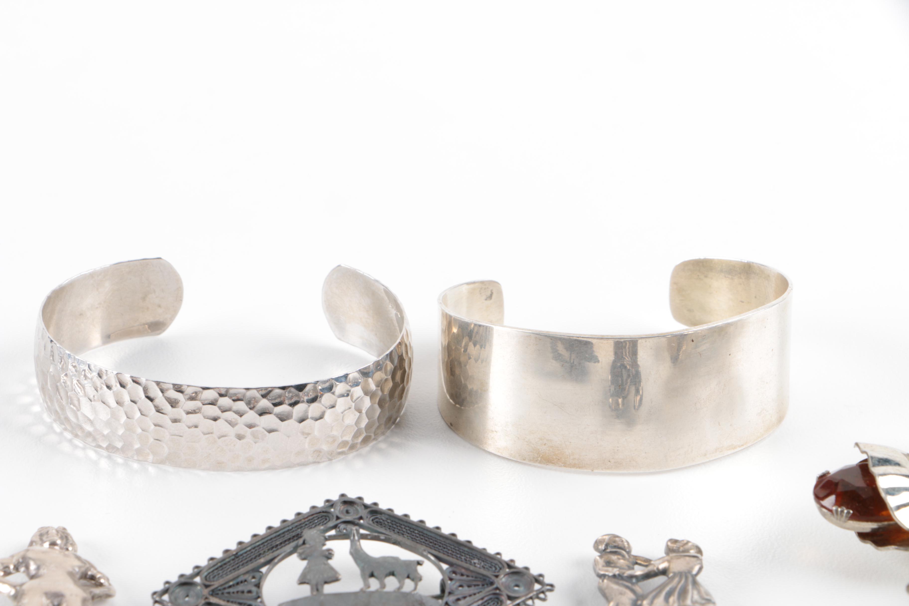 Grouping of Sterling Silver Jewelry Including Amber and Base Metal Brooch