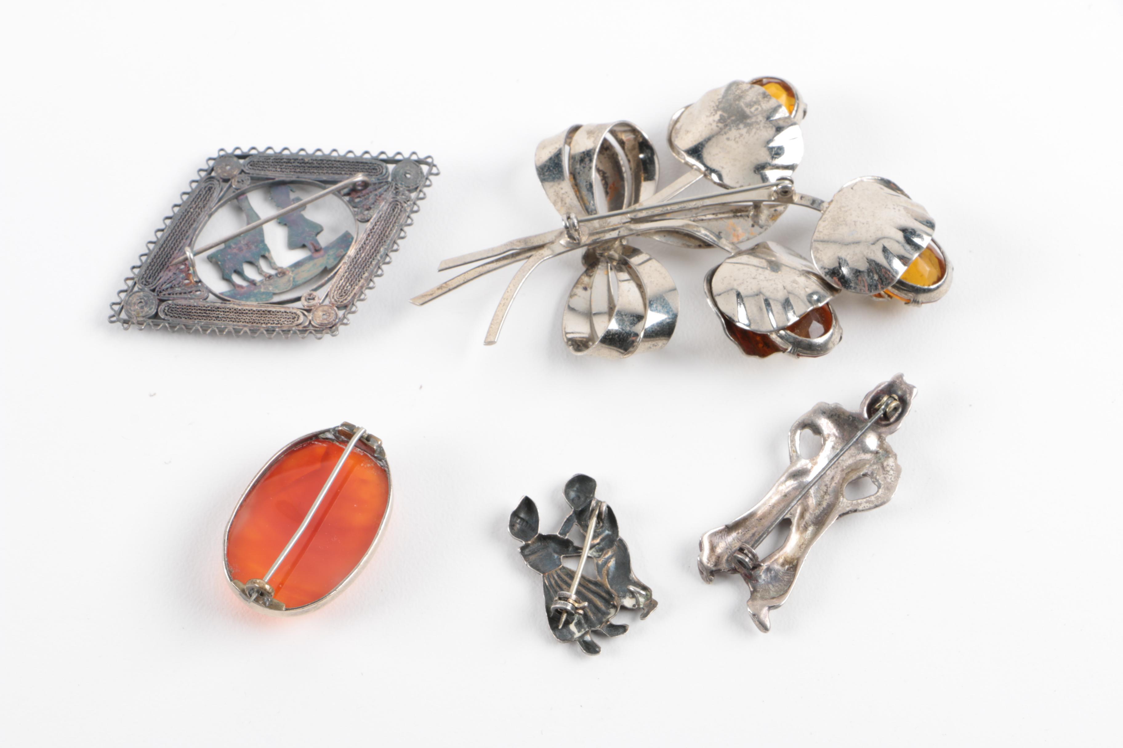 Grouping of Sterling Silver Jewelry Including Amber and Base Metal Brooch