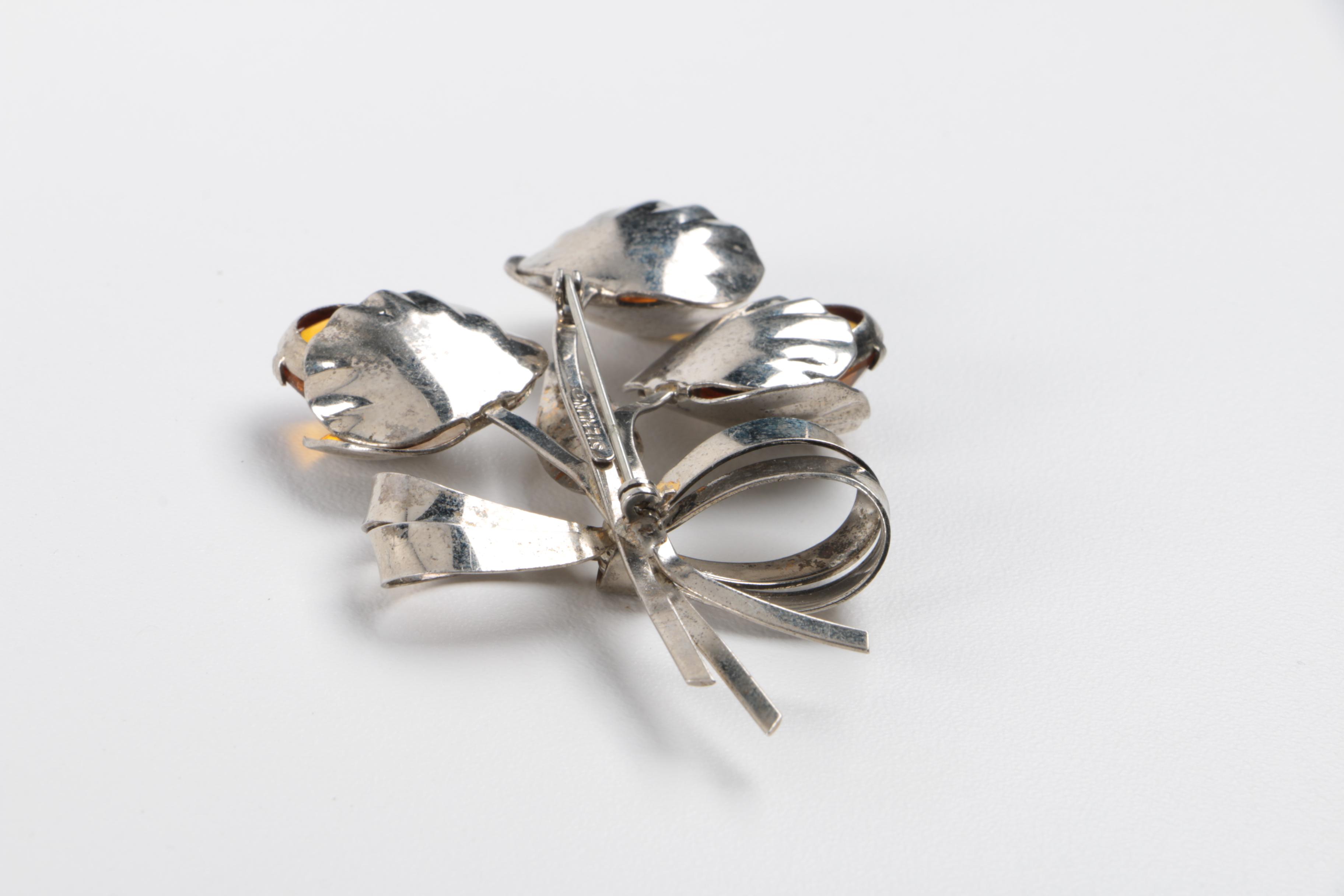 Grouping of Sterling Silver Jewelry Including Amber and Base Metal Brooch