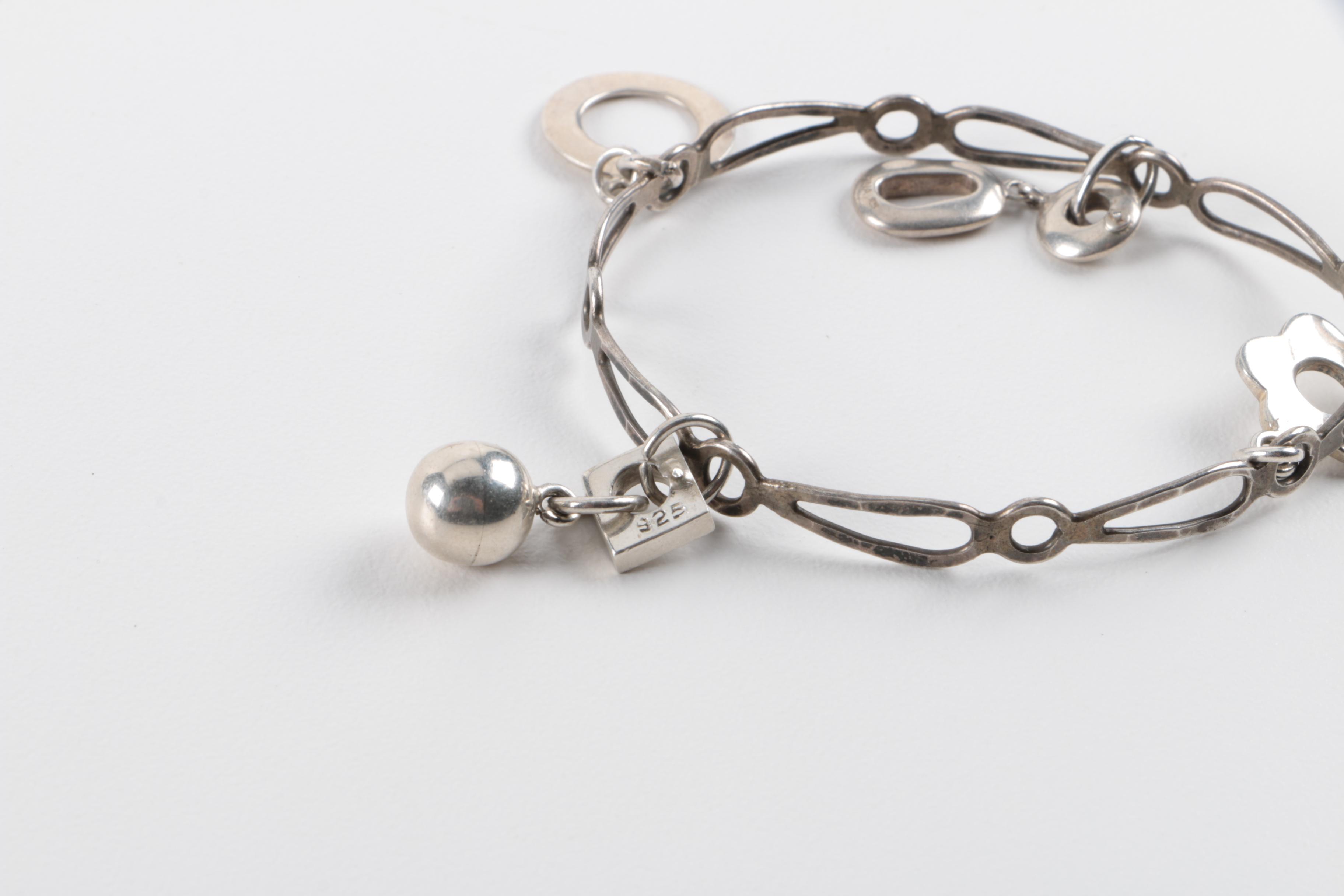 Grouping of Sterling Silver Jewelry Including Amber and Base Metal Brooch