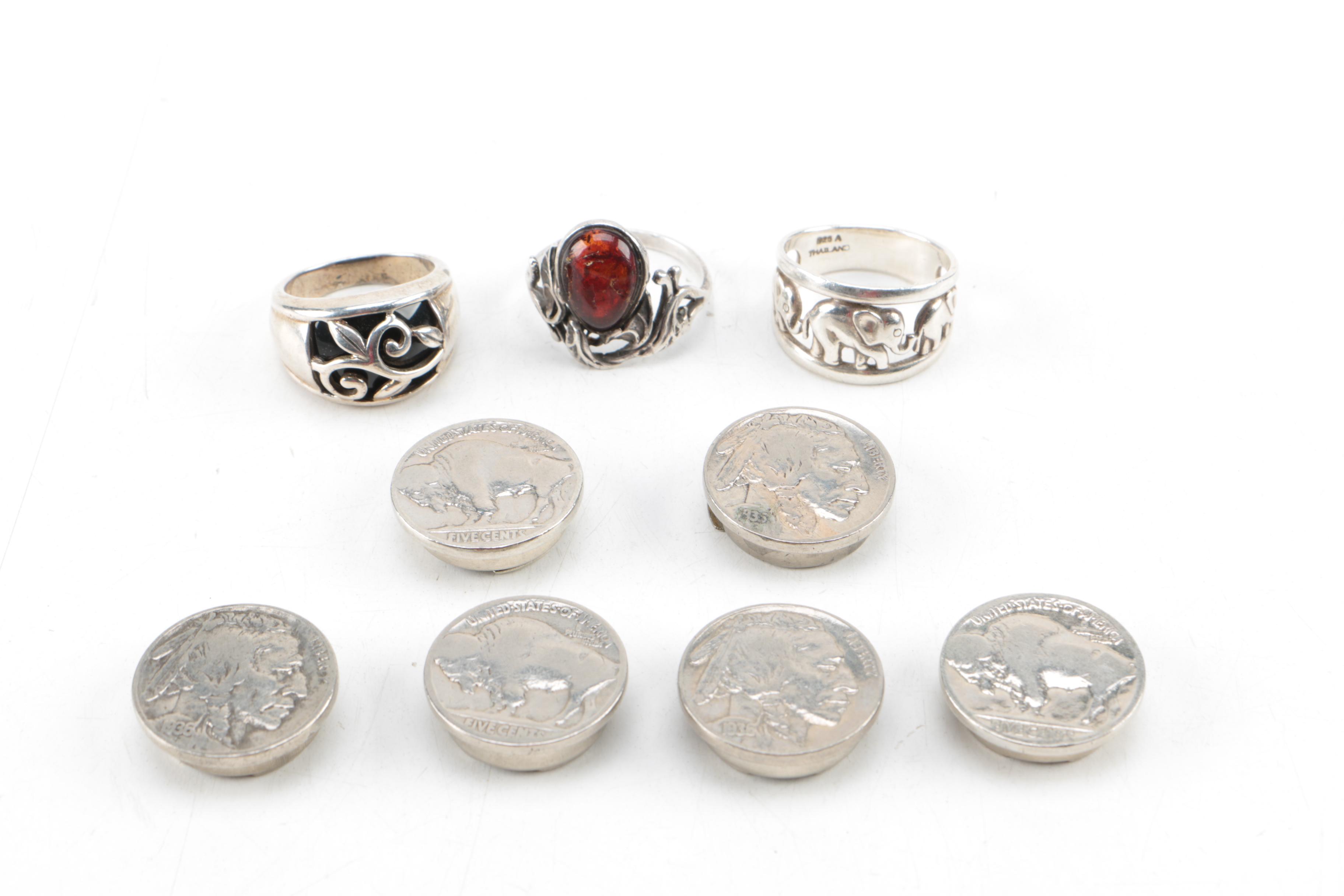 Three Sterling Silver Rings and Six Buffalo Nickel Button Covers