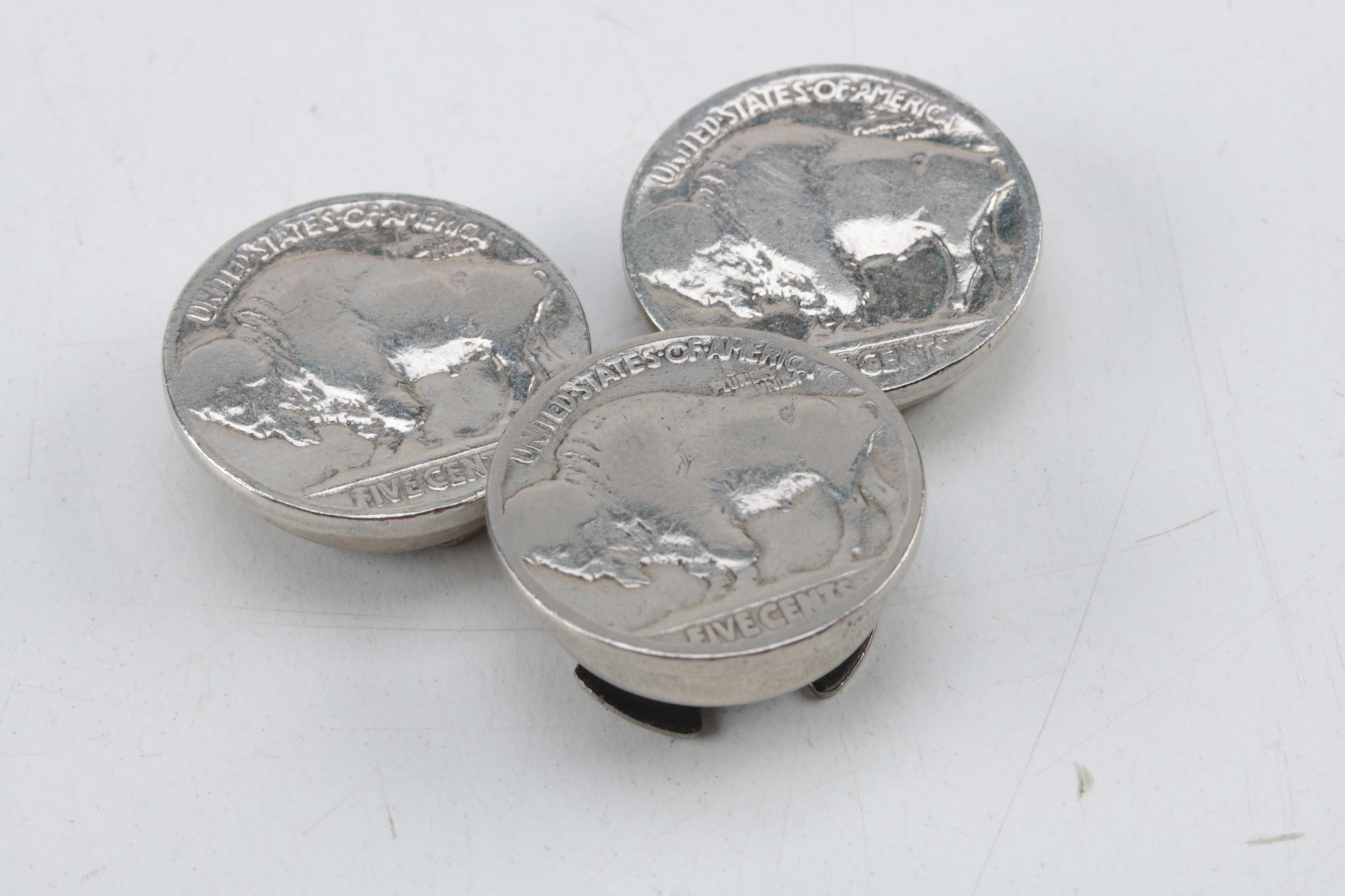 Three Sterling Silver Rings and Six Buffalo Nickel Button Covers