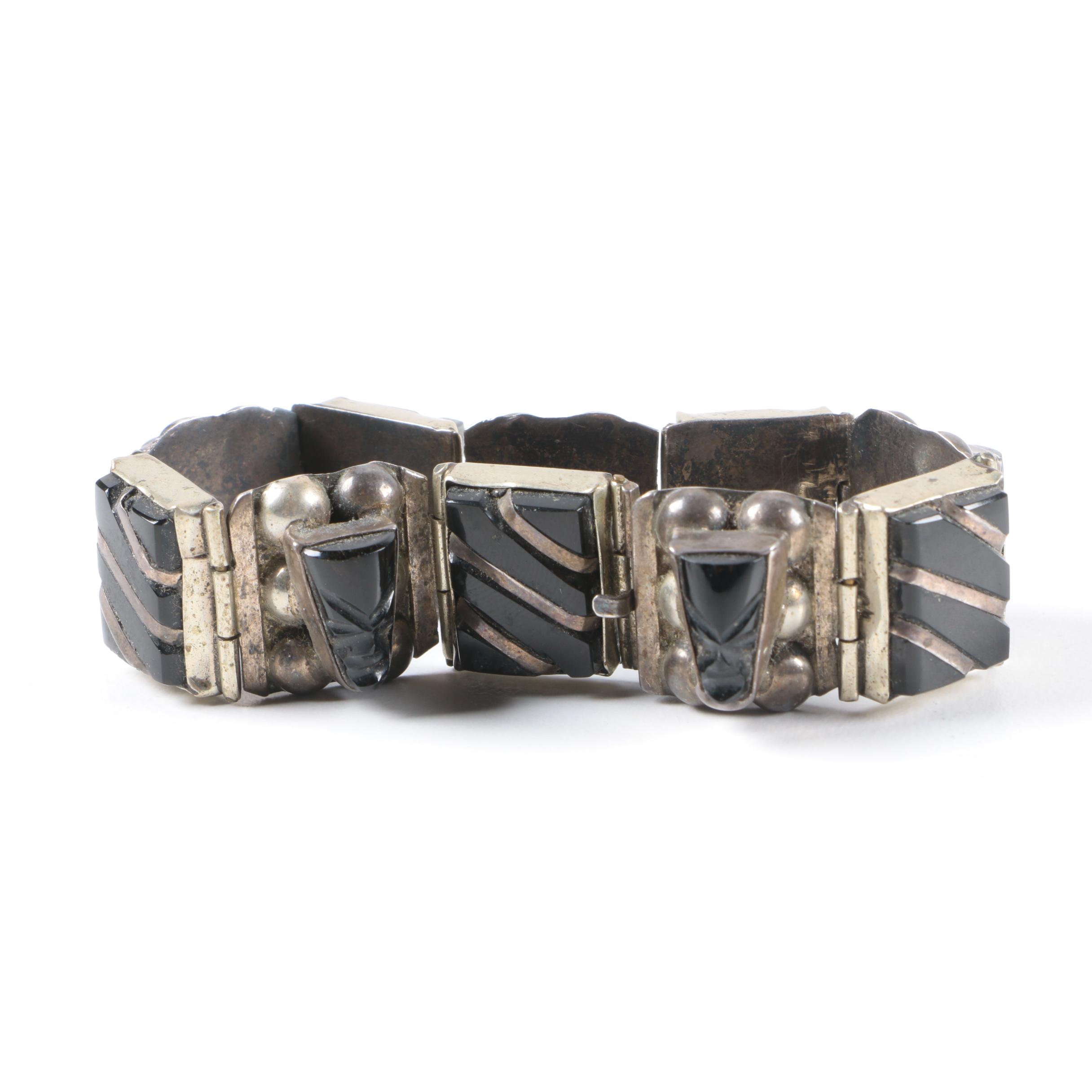 Sterling Silver Jewelry Including Vintage Mexican Panel Bracelet