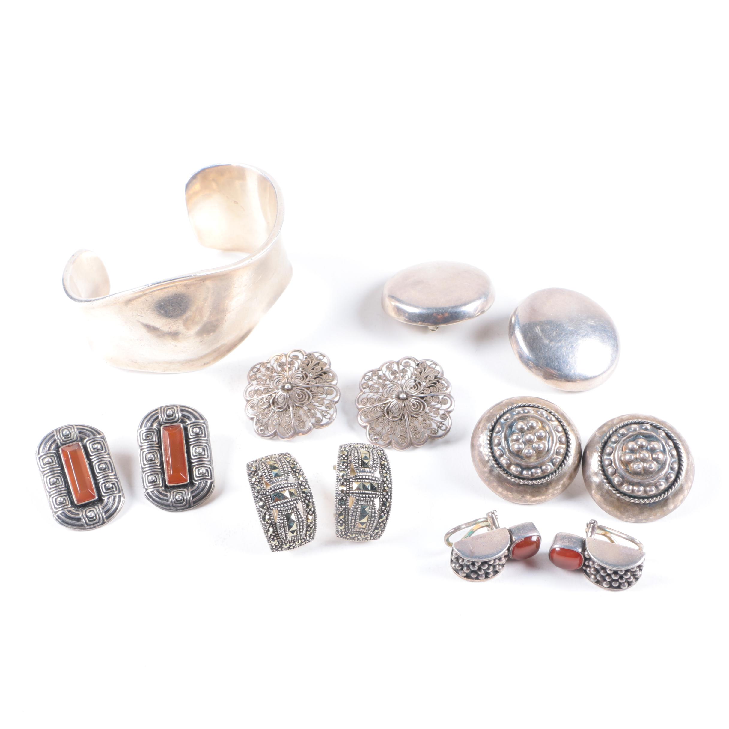 Assortment of Sterling Silver Clip-On Earrings and Cuff