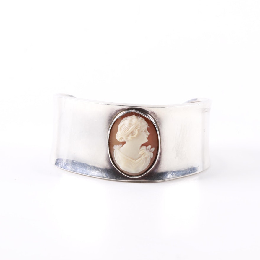 Sterling Silver Carved Shell Cameo Cuff Bangle