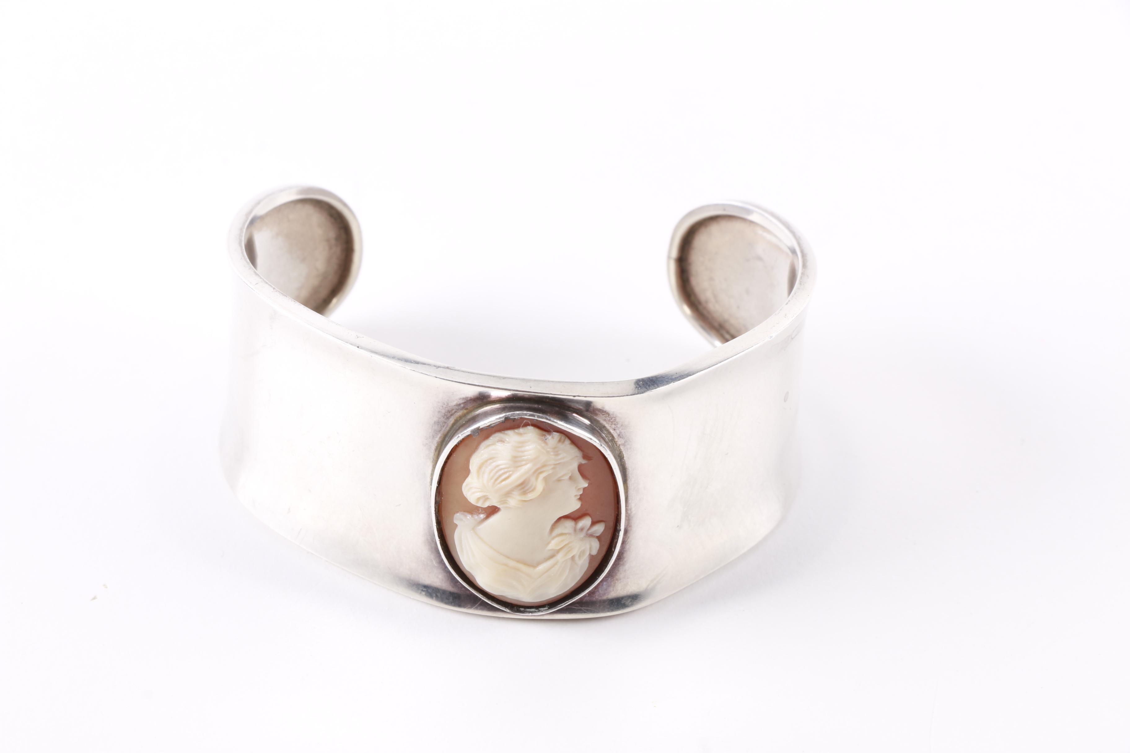 Sterling Silver Carved Shell Cameo Cuff Bangle