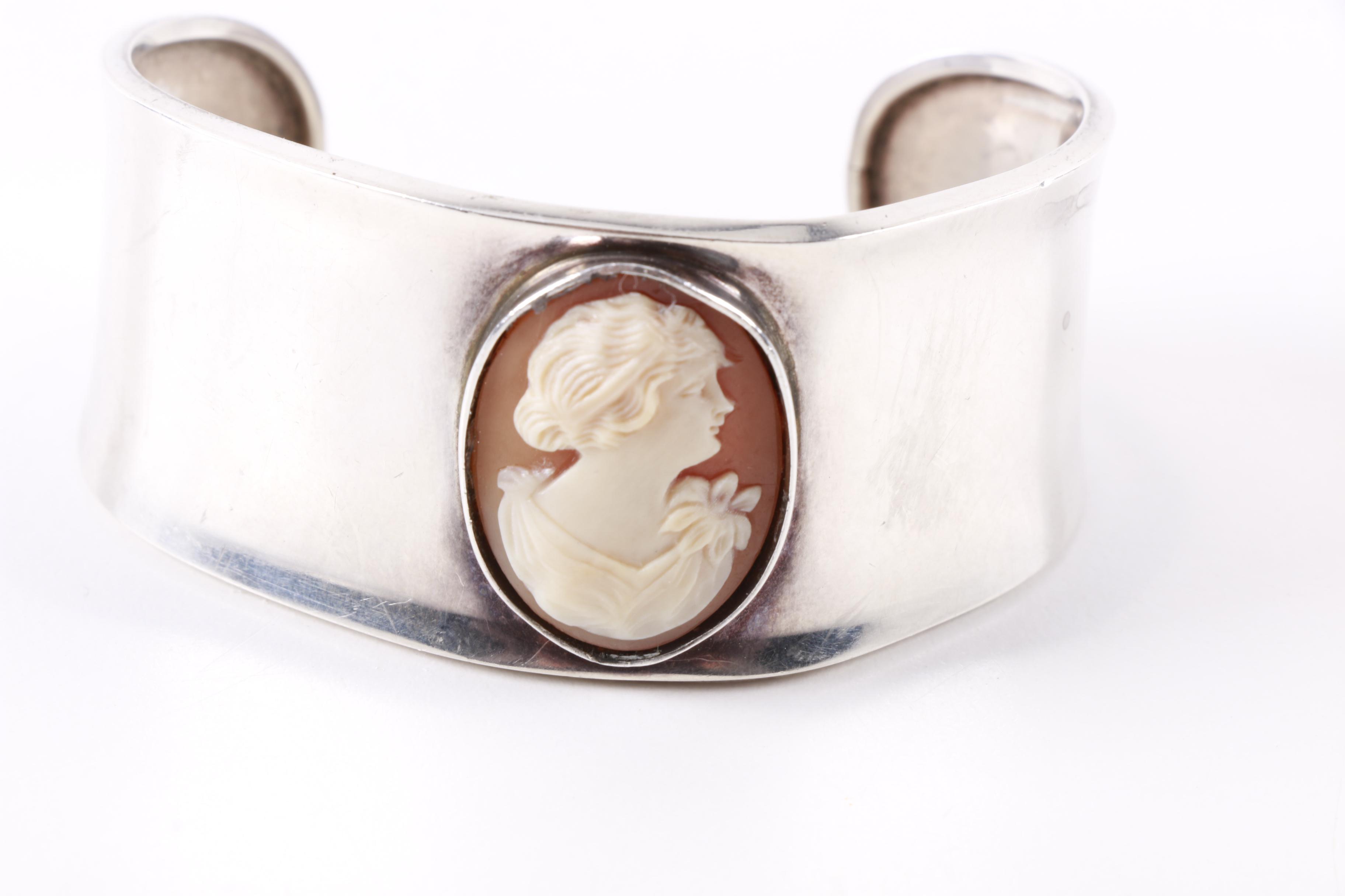 Sterling Silver Carved Shell Cameo Cuff Bangle
