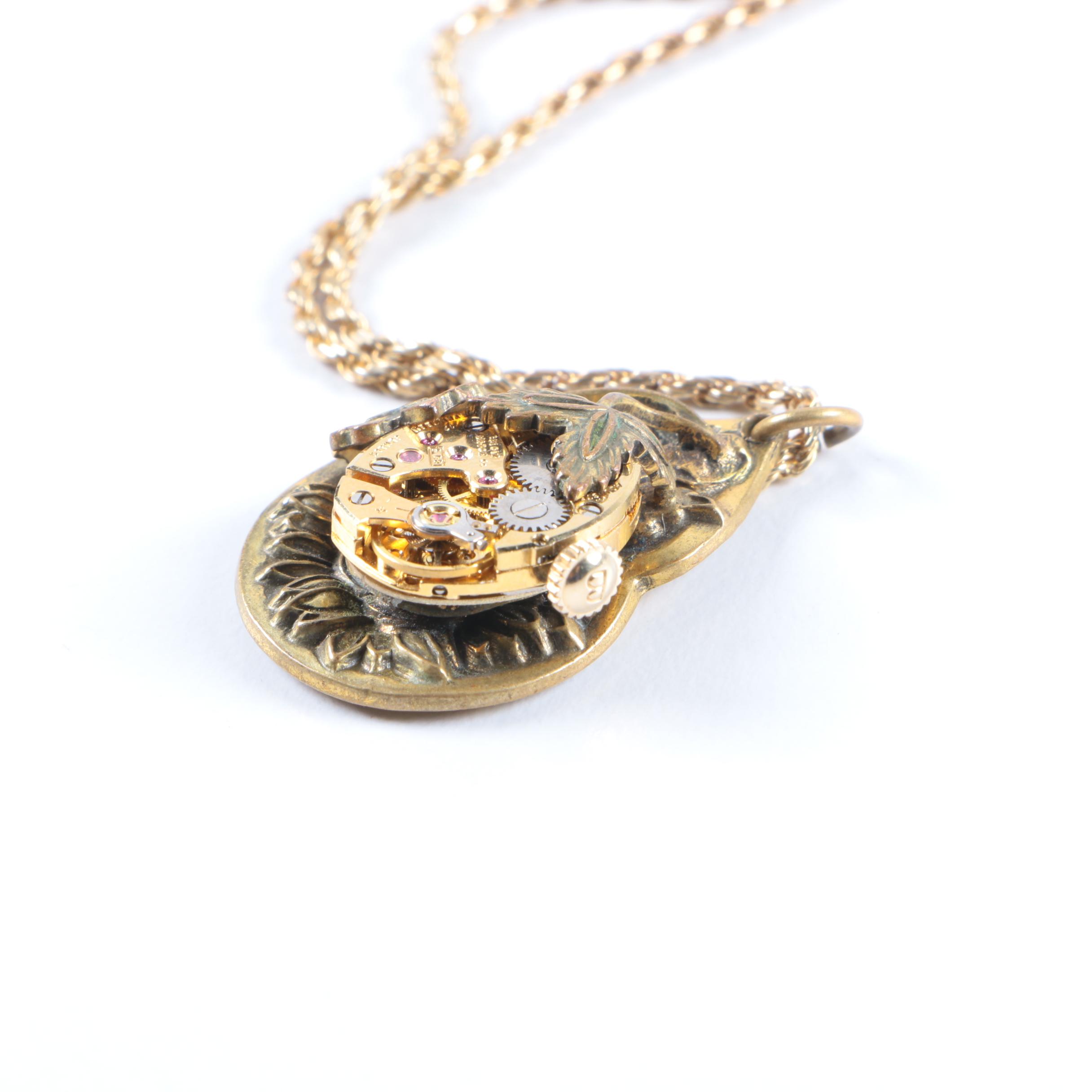 Gold Wash on Sterling Silver Ruby Gears Necklace