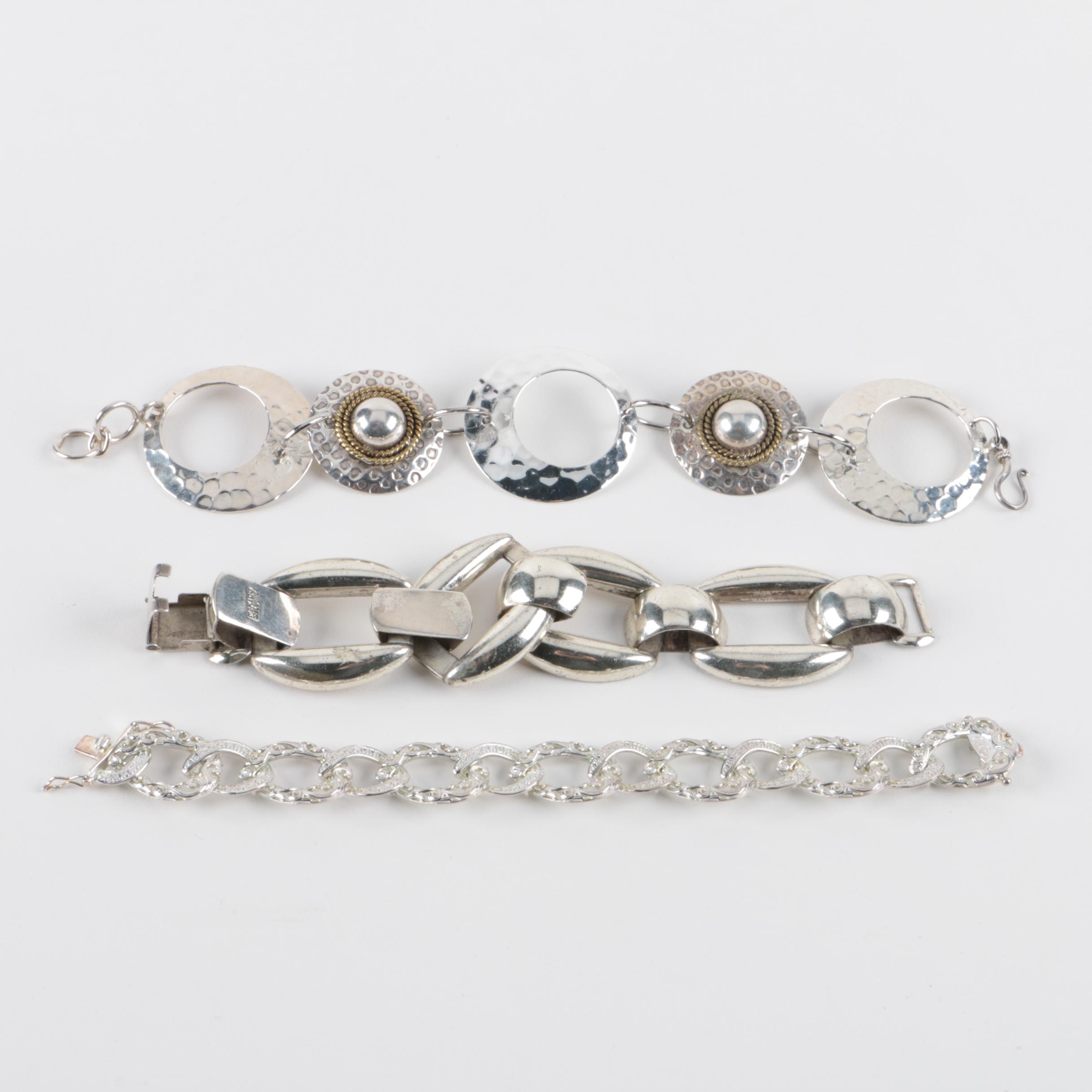 Two Sterling Silver Bracelets Made in Mexico and a Fancy Link Sterling Bracelet