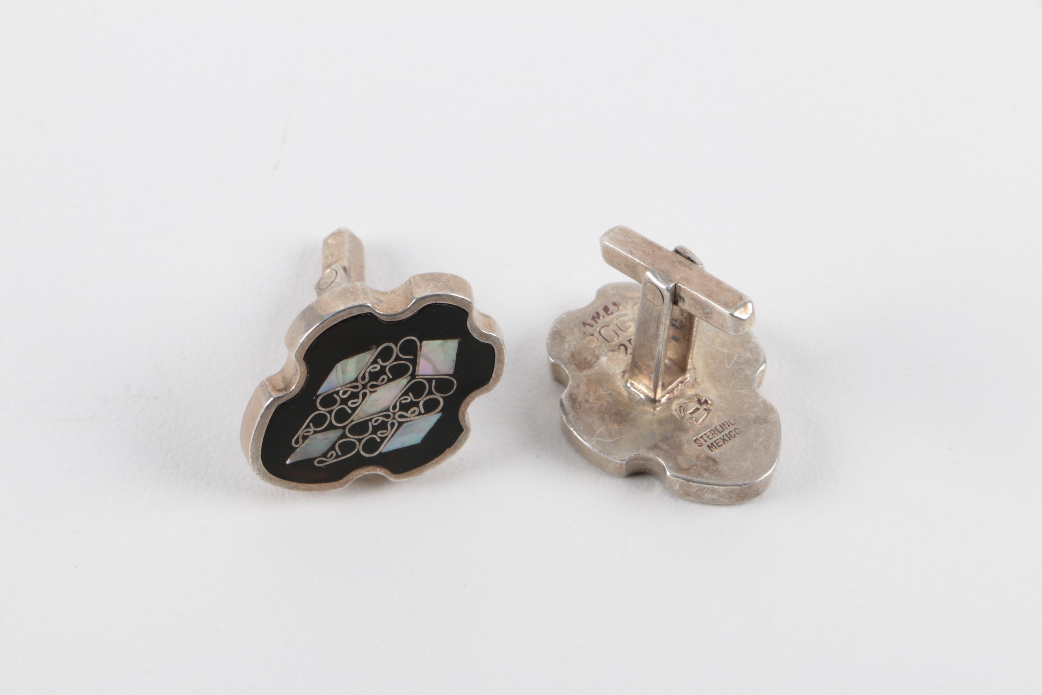 Vintage Mexican Sterling Silver Abalone Inlay and Other Cufflinks