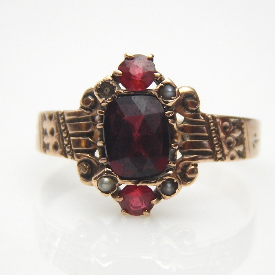 9K Rose Gold Victorian Garnet, Glass, and Seed Pearl Ring