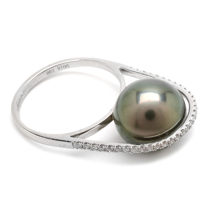 Tara 18K White Gold Cultured Tahitian Pearl and Diamond Ring