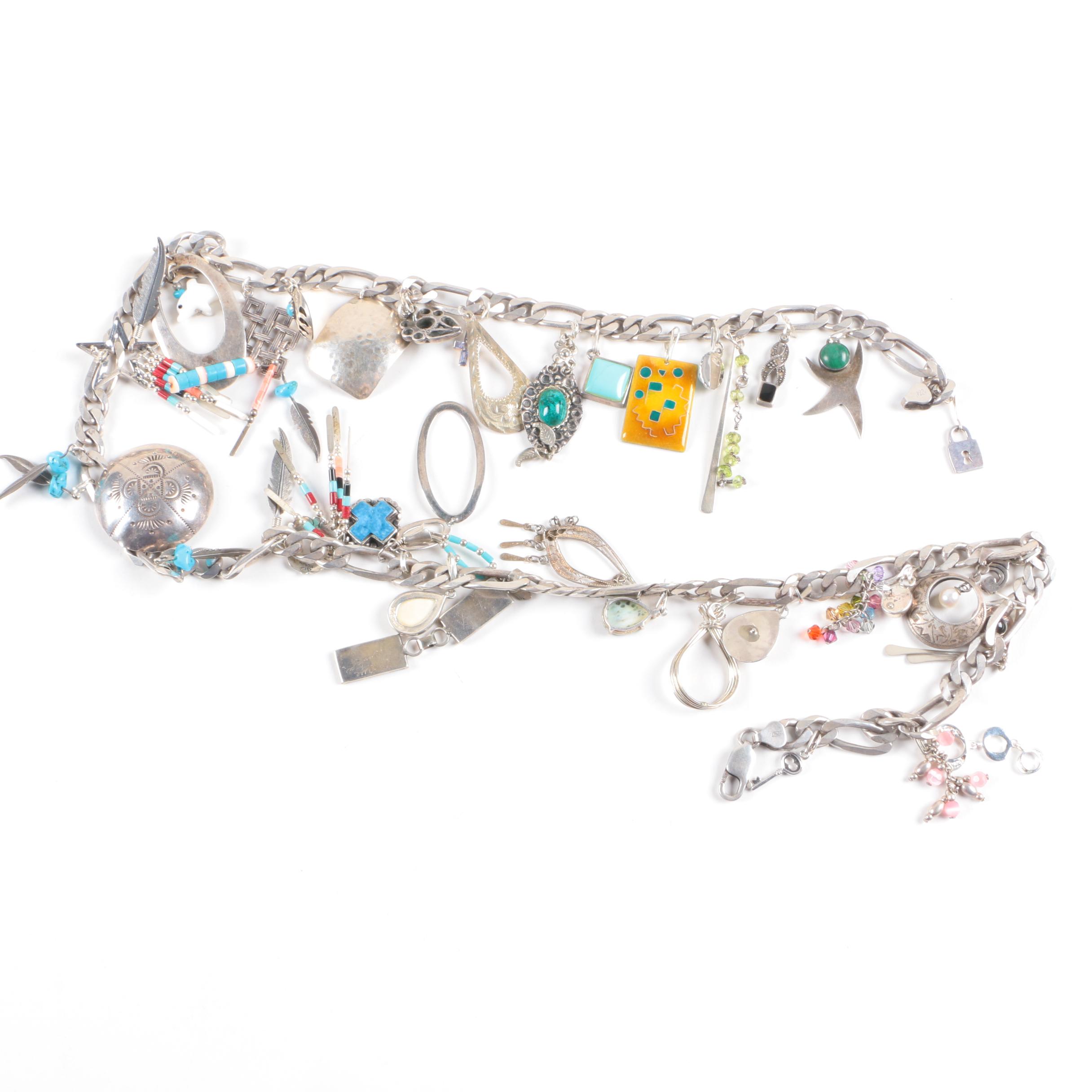 Sterling Silver Charm Necklace Including Gemstones and Abalone