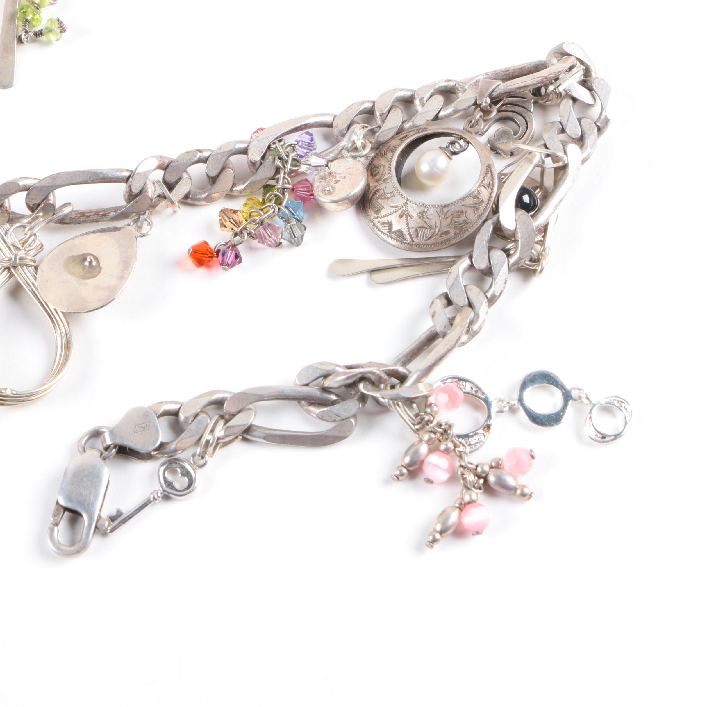 Sterling Silver Charm Necklace Including Gemstones and Abalone