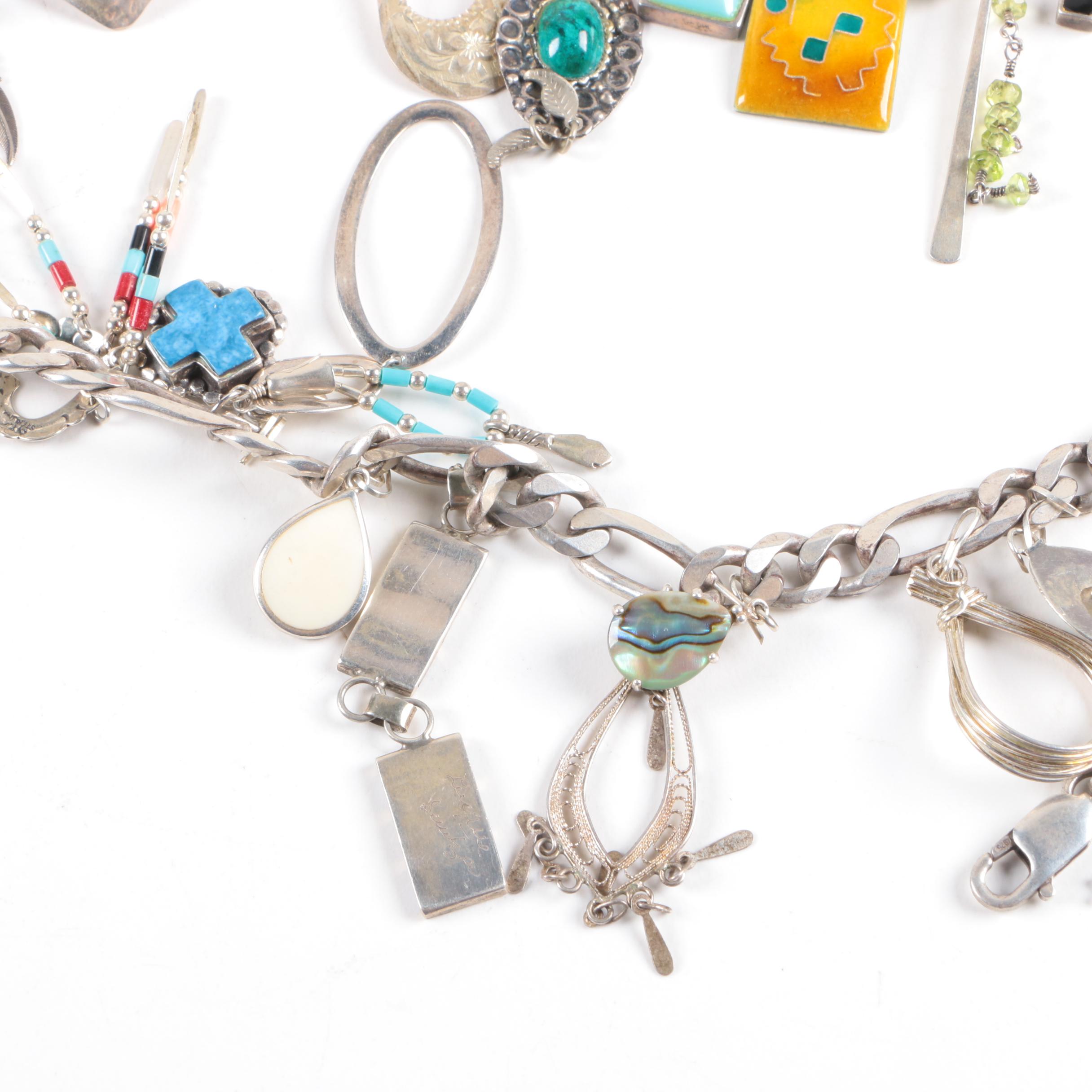 Sterling Silver Charm Necklace Including Gemstones and Abalone