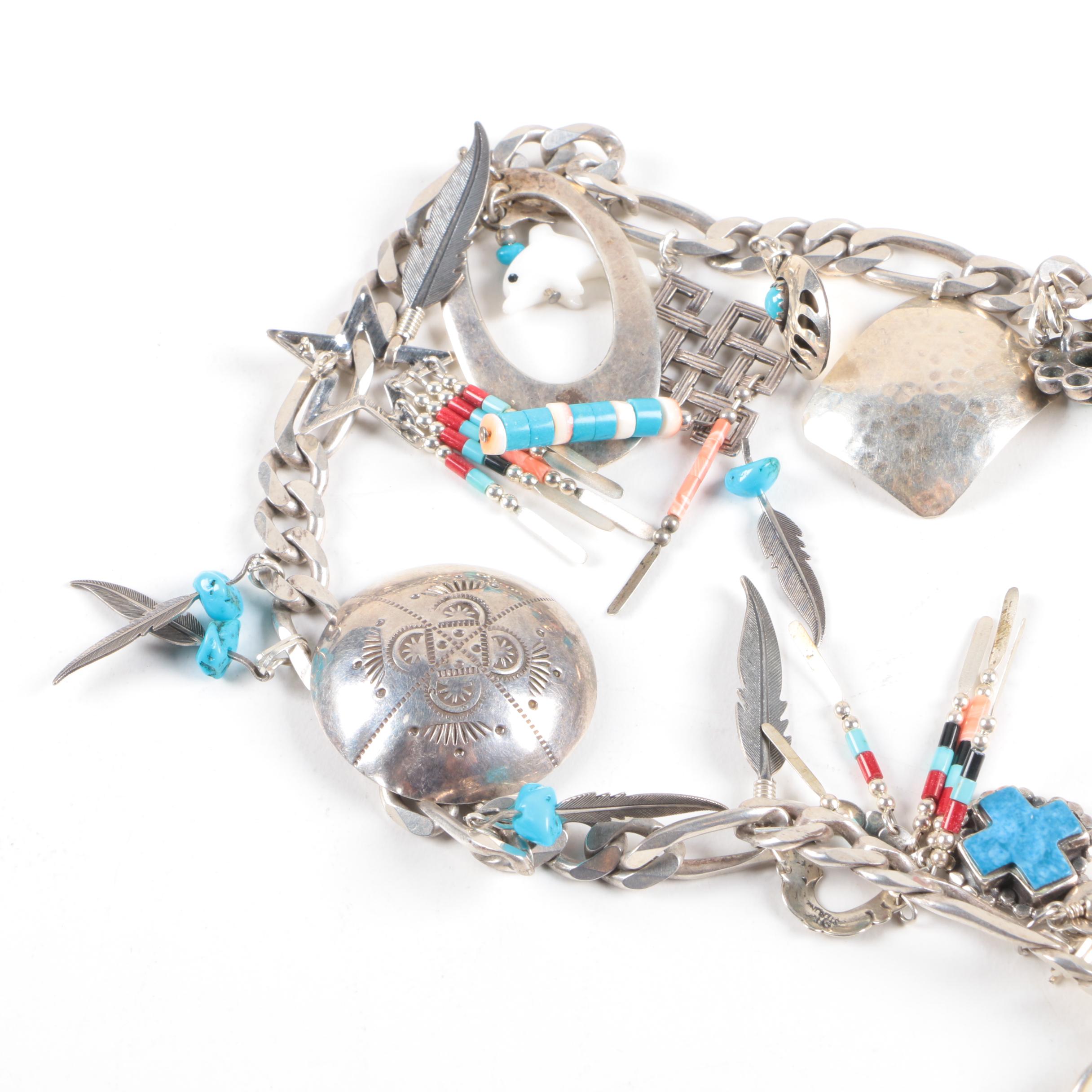 Sterling Silver Charm Necklace Including Gemstones and Abalone