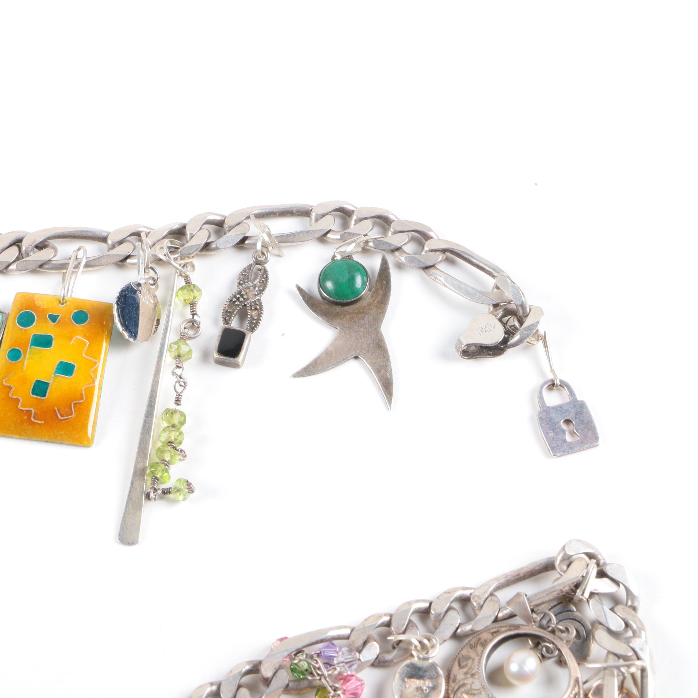 Sterling Silver Charm Necklace Including Gemstones and Abalone