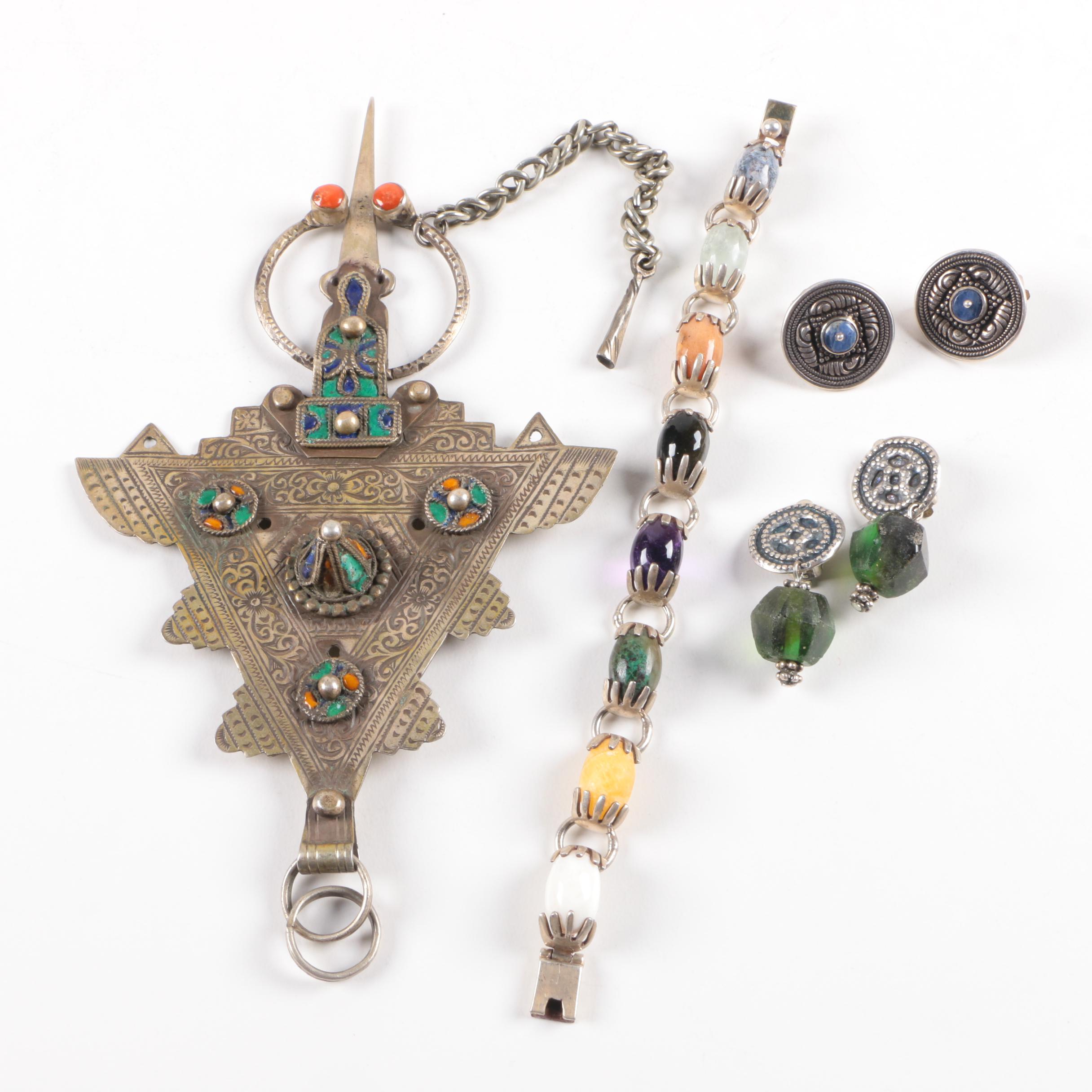 Vintage 800 Silver Ornate Pin and Sterling Silver Jewelry Assortment