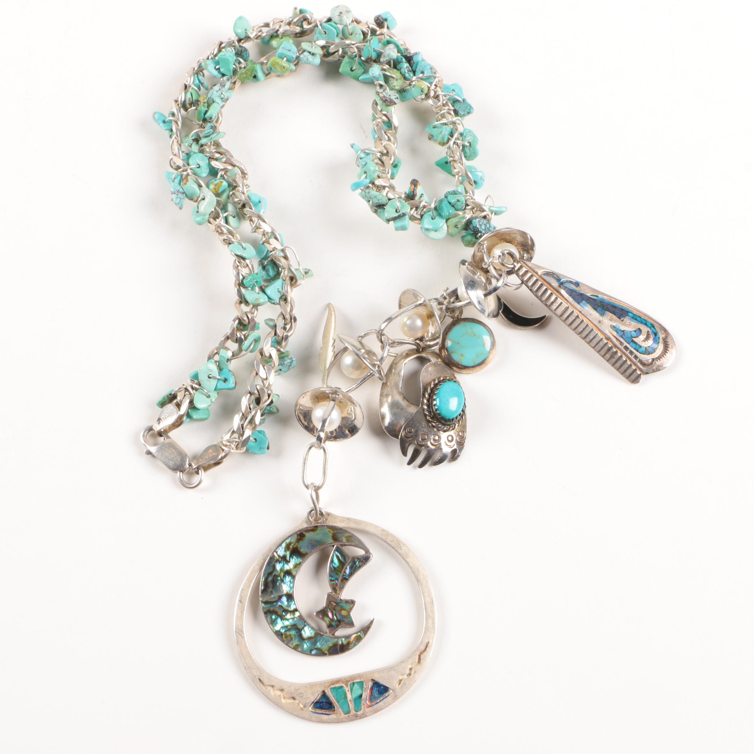 Sterling Silver Embellished Chain Necklace with Turquoise, Abalone and Pearls