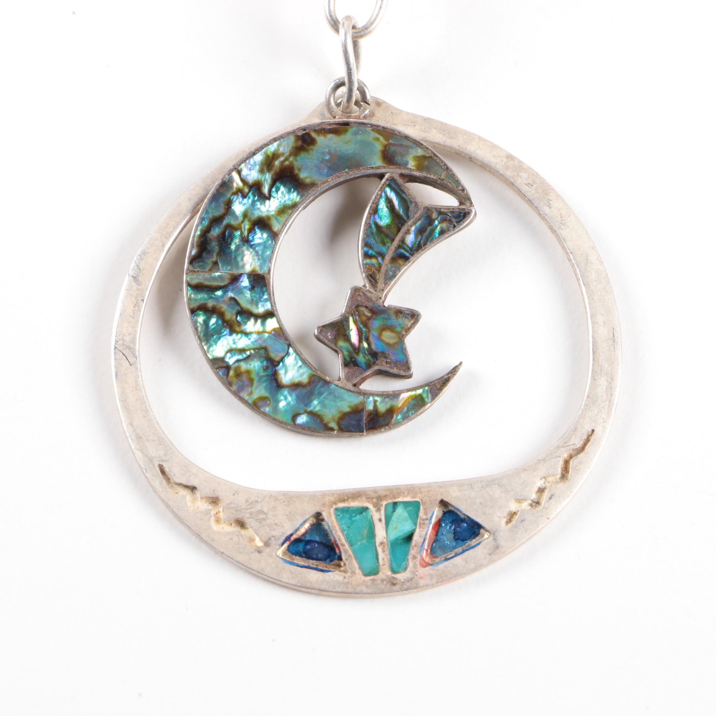 Sterling Silver Embellished Chain Necklace with Turquoise, Abalone and Pearls