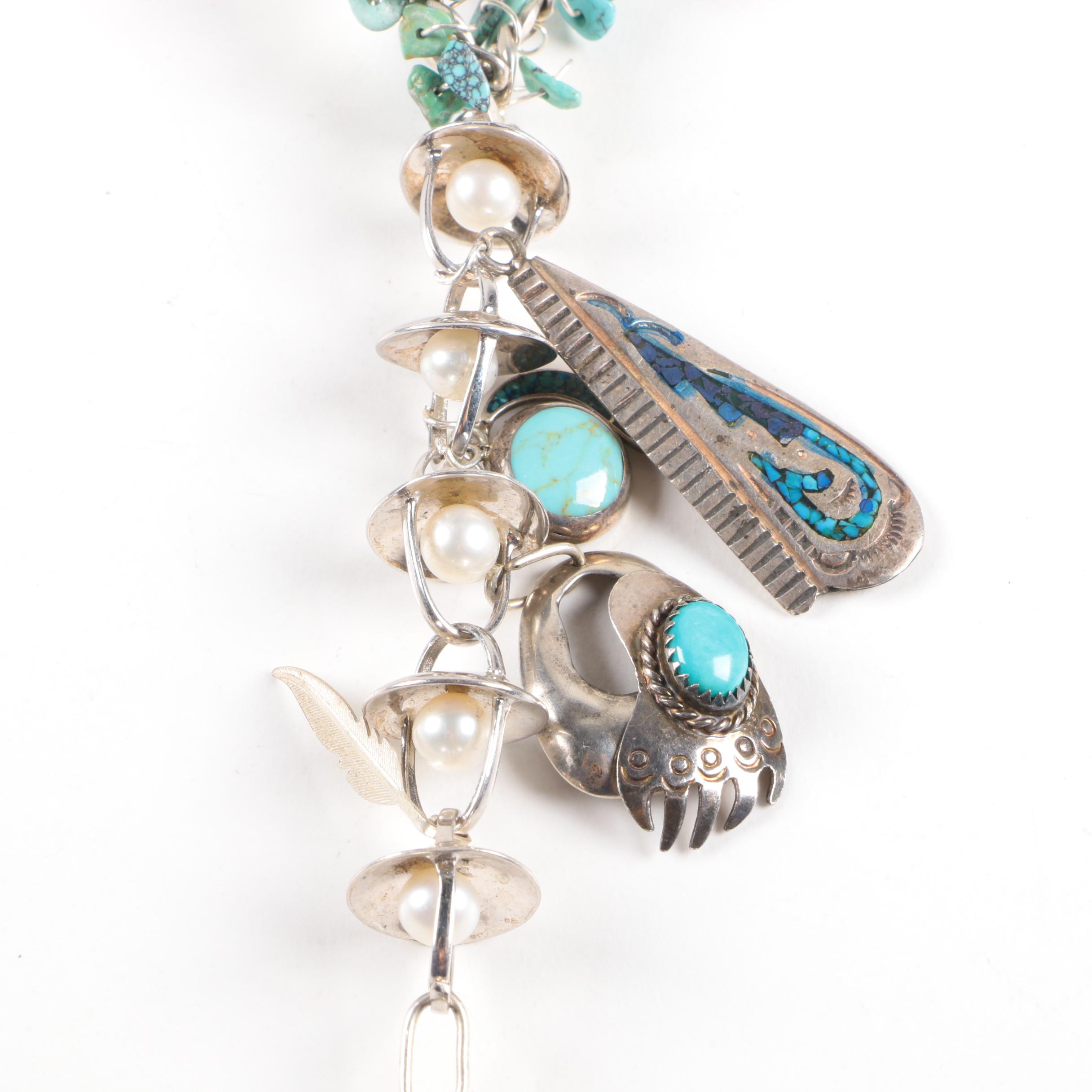 Sterling Silver Embellished Chain Necklace with Turquoise, Abalone and Pearls