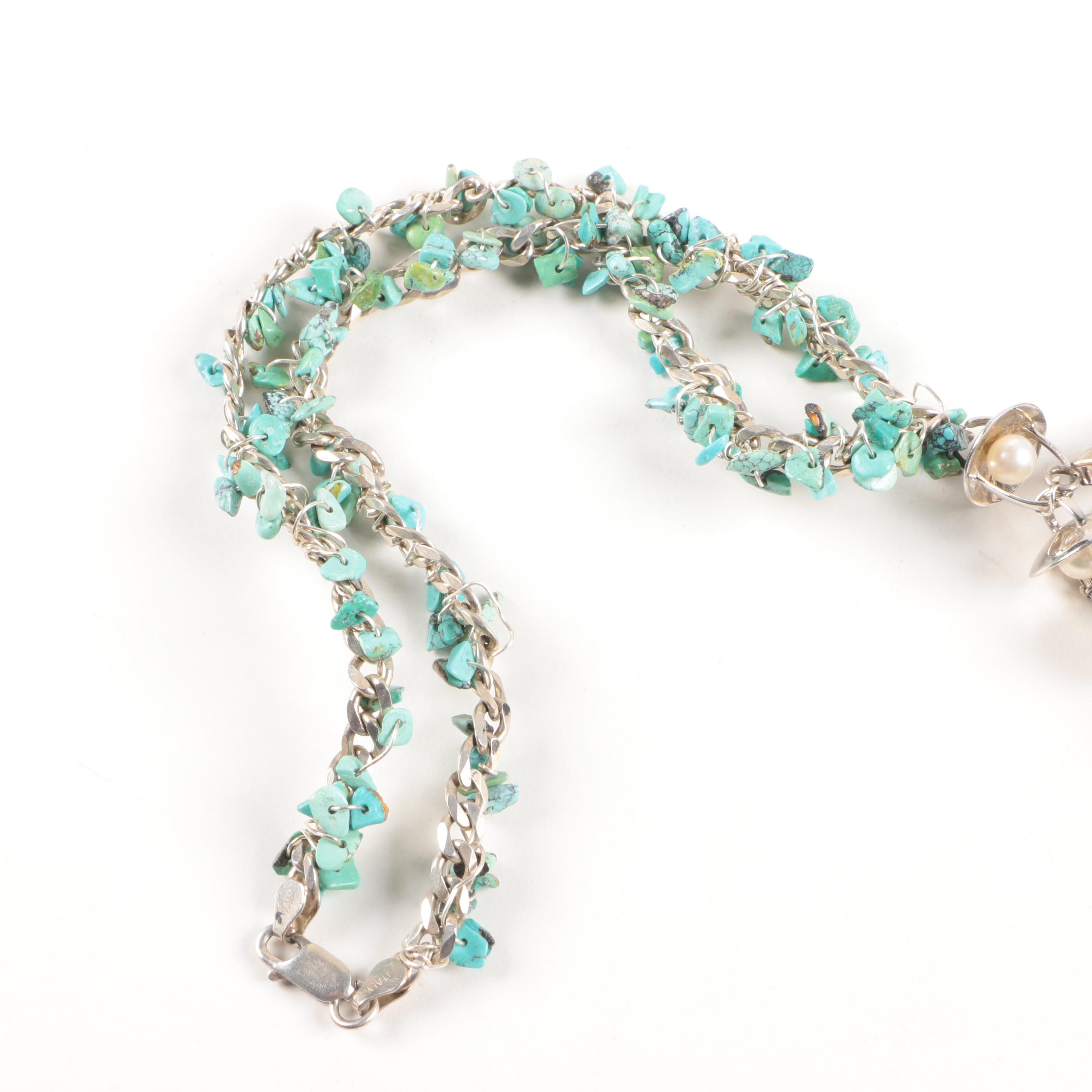 Sterling Silver Embellished Chain Necklace with Turquoise, Abalone and Pearls