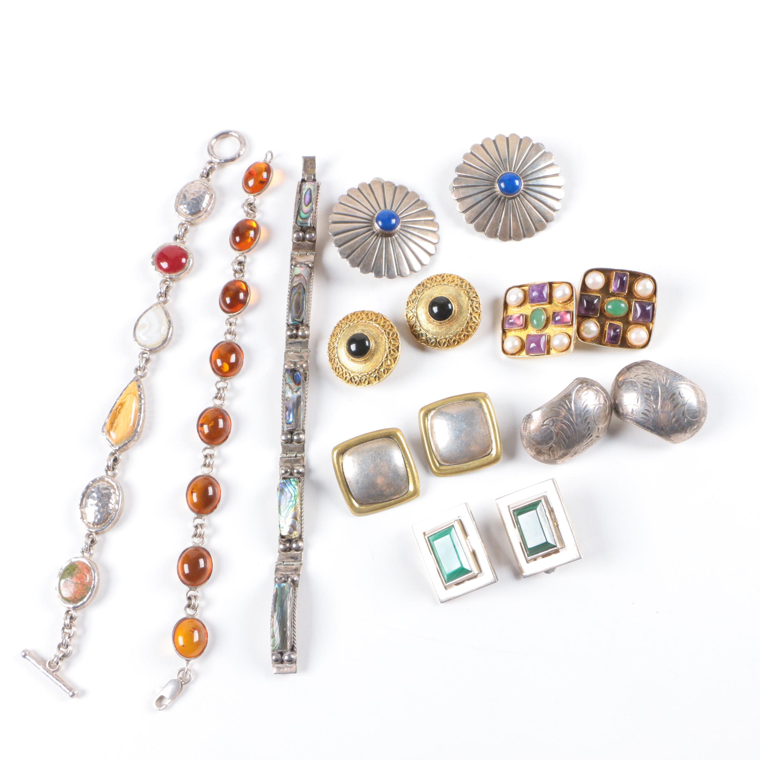 Assortment of Sterling Silver Bracelets and Earrings Including Abalone