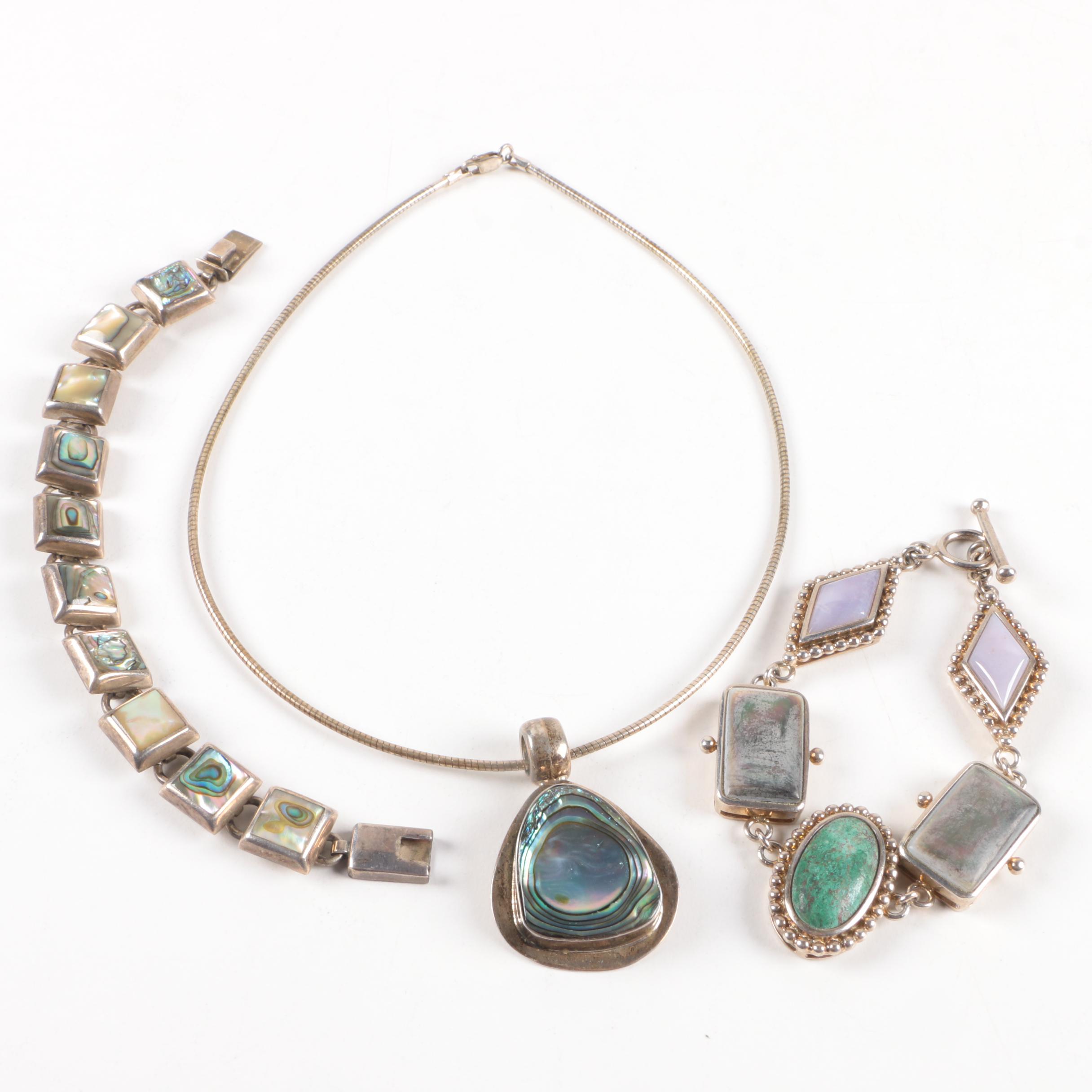 Sterling Silver Jewelry Assortment with Vintage Mexican Abalone Shell Bracelet