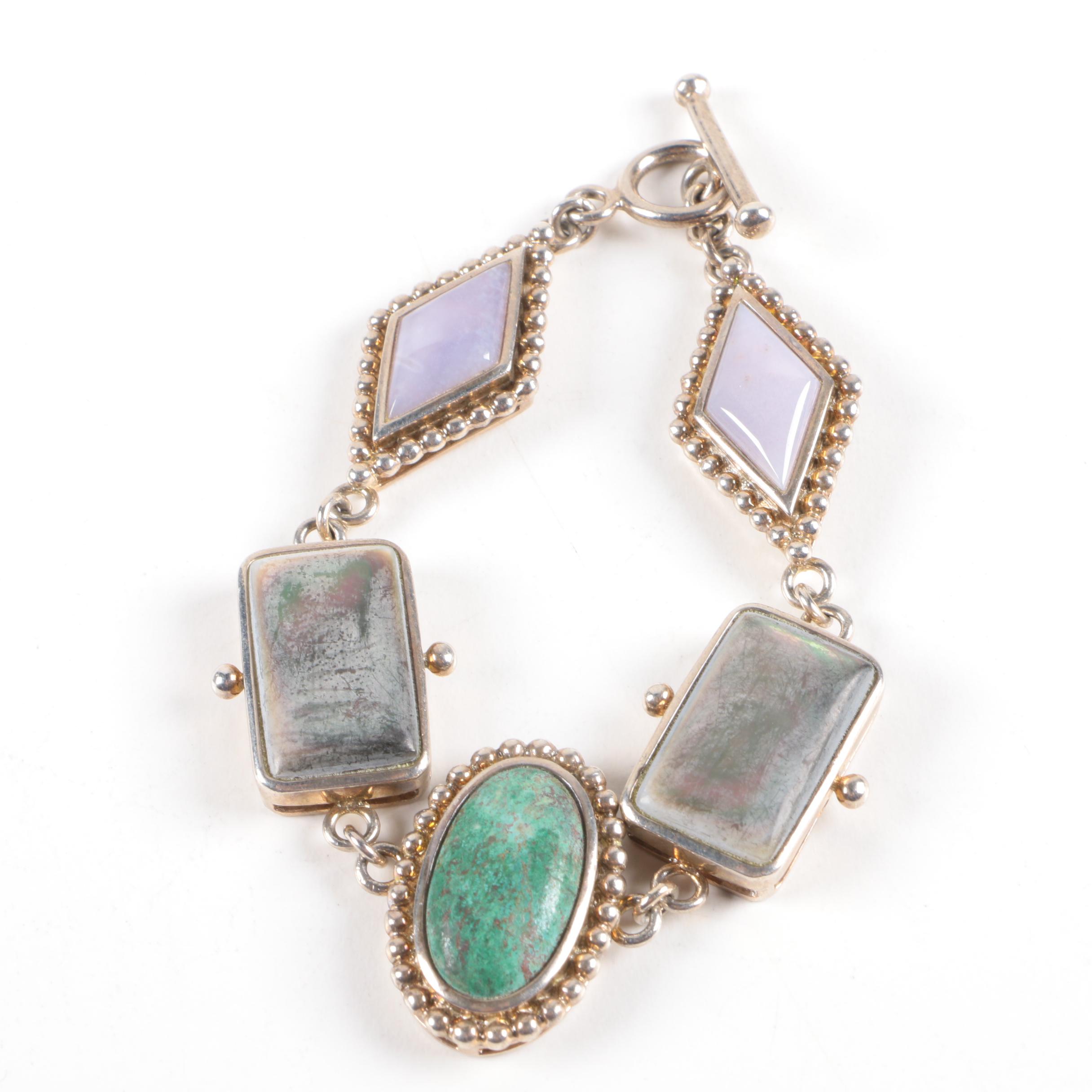 Sterling Silver Jewelry Assortment with Vintage Mexican Abalone Shell Bracelet