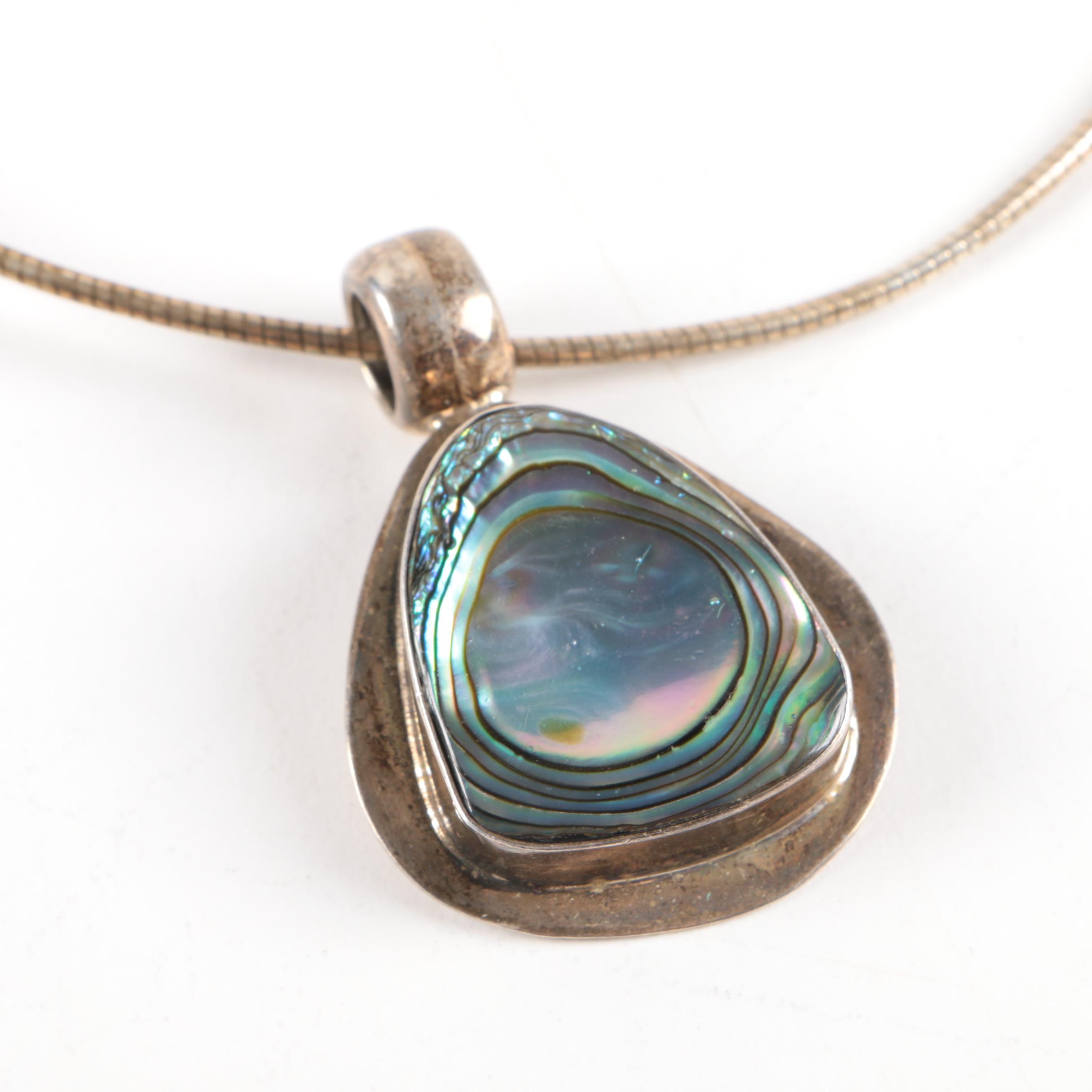 Sterling Silver Jewelry Assortment with Vintage Mexican Abalone Shell Bracelet