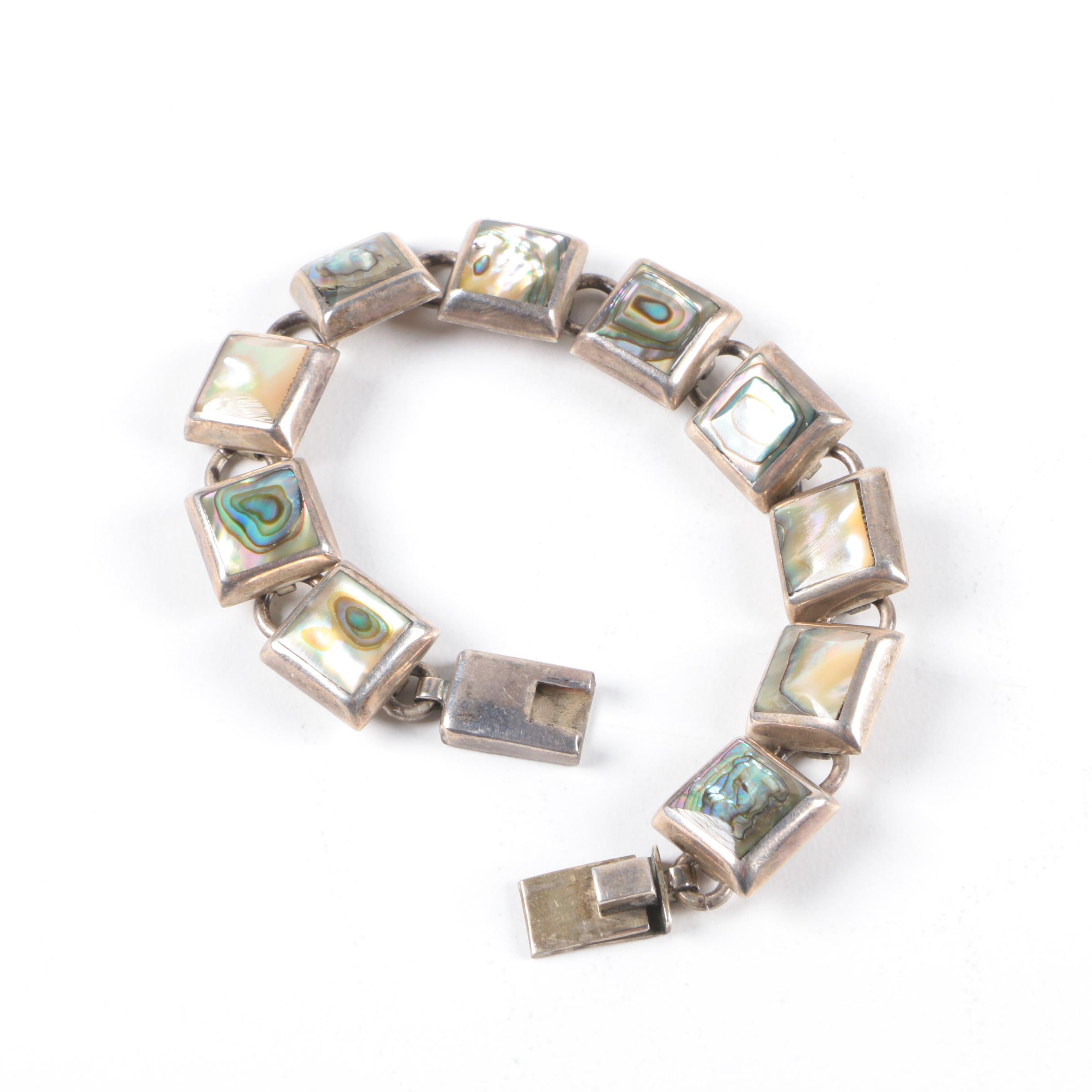 Sterling Silver Jewelry Assortment with Vintage Mexican Abalone Shell Bracelet