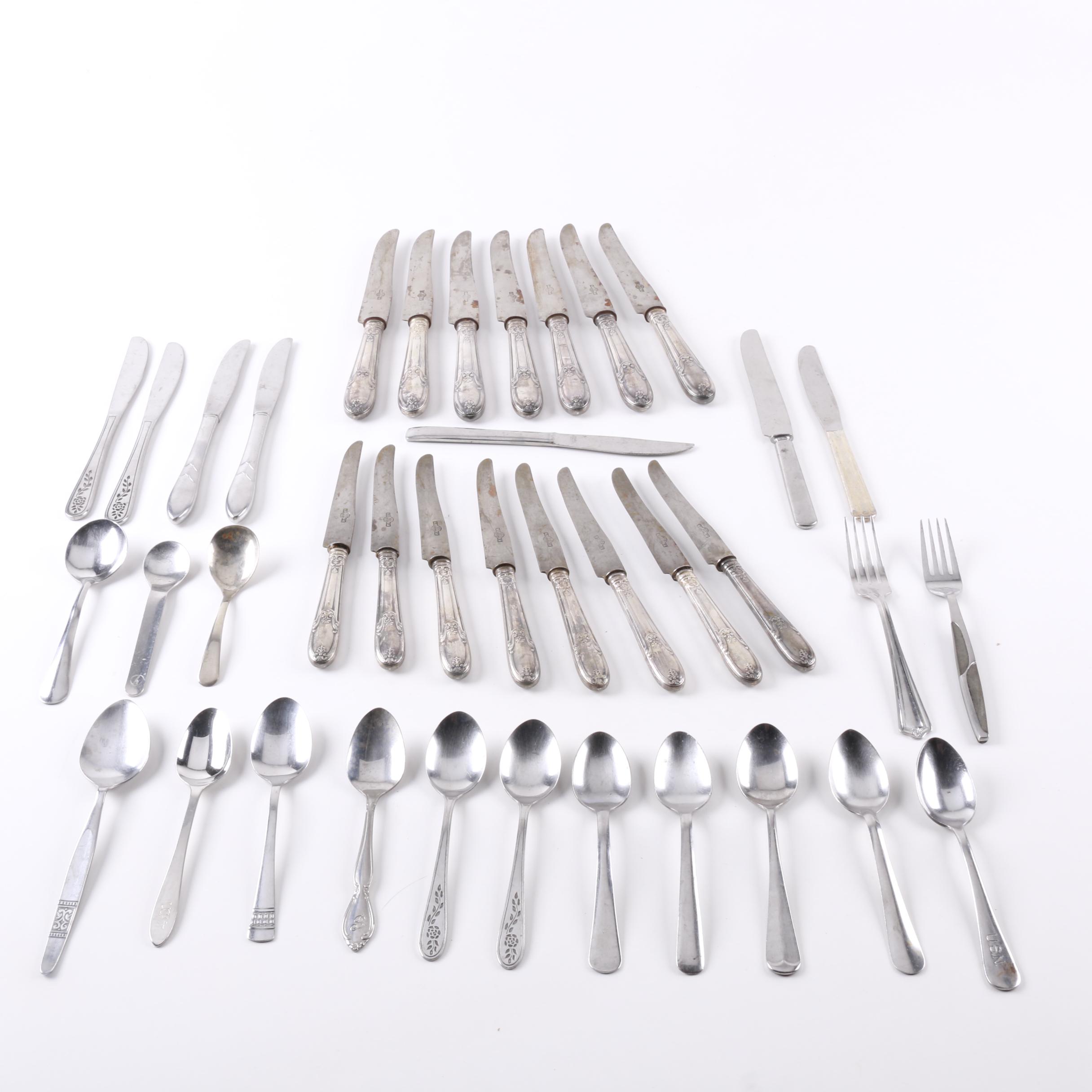 Sheffield Silver Plate Spoon and Assorted Stainless Steel Flatware