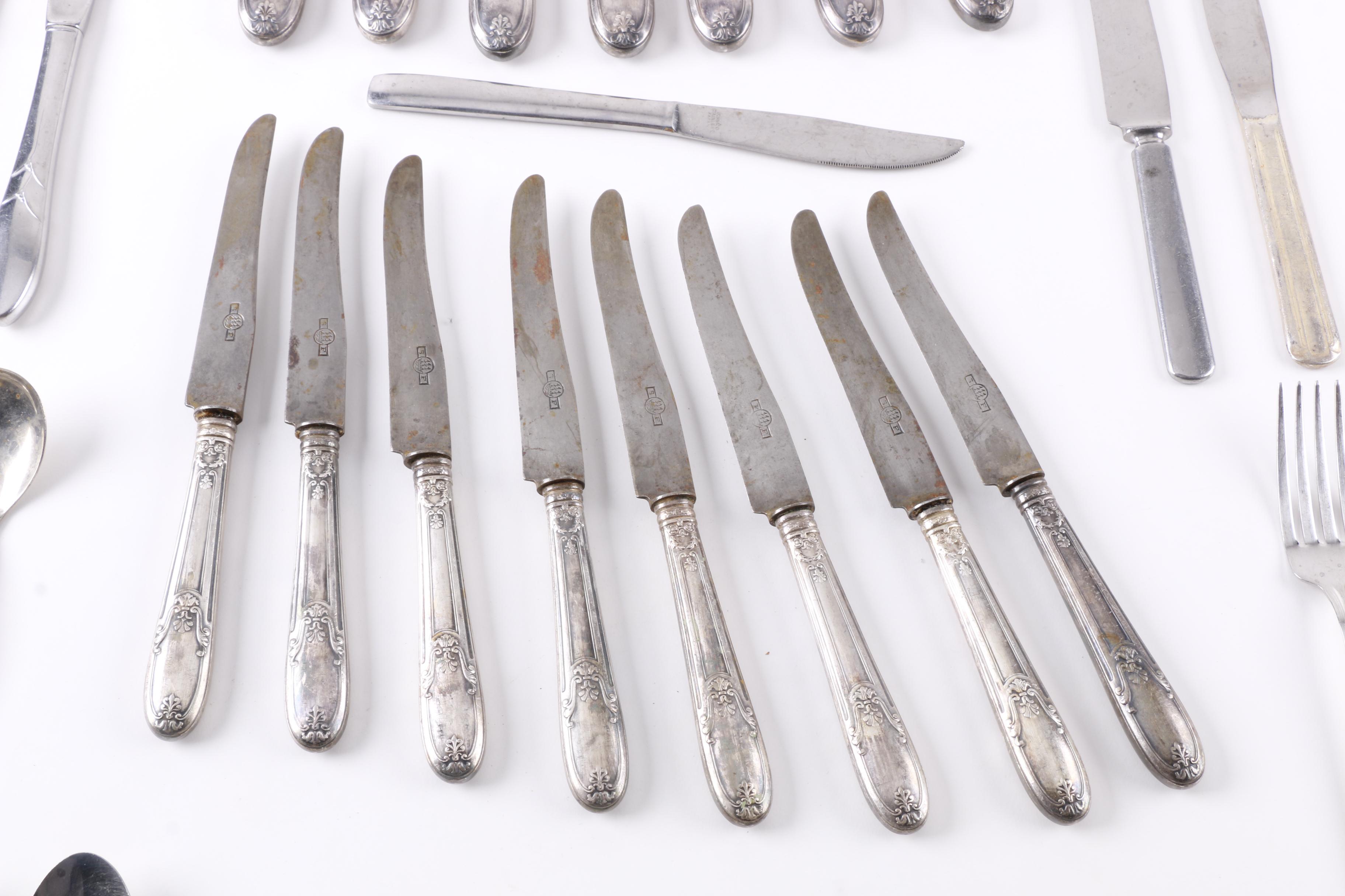 Sheffield Silver Plate Spoon and Assorted Stainless Steel Flatware