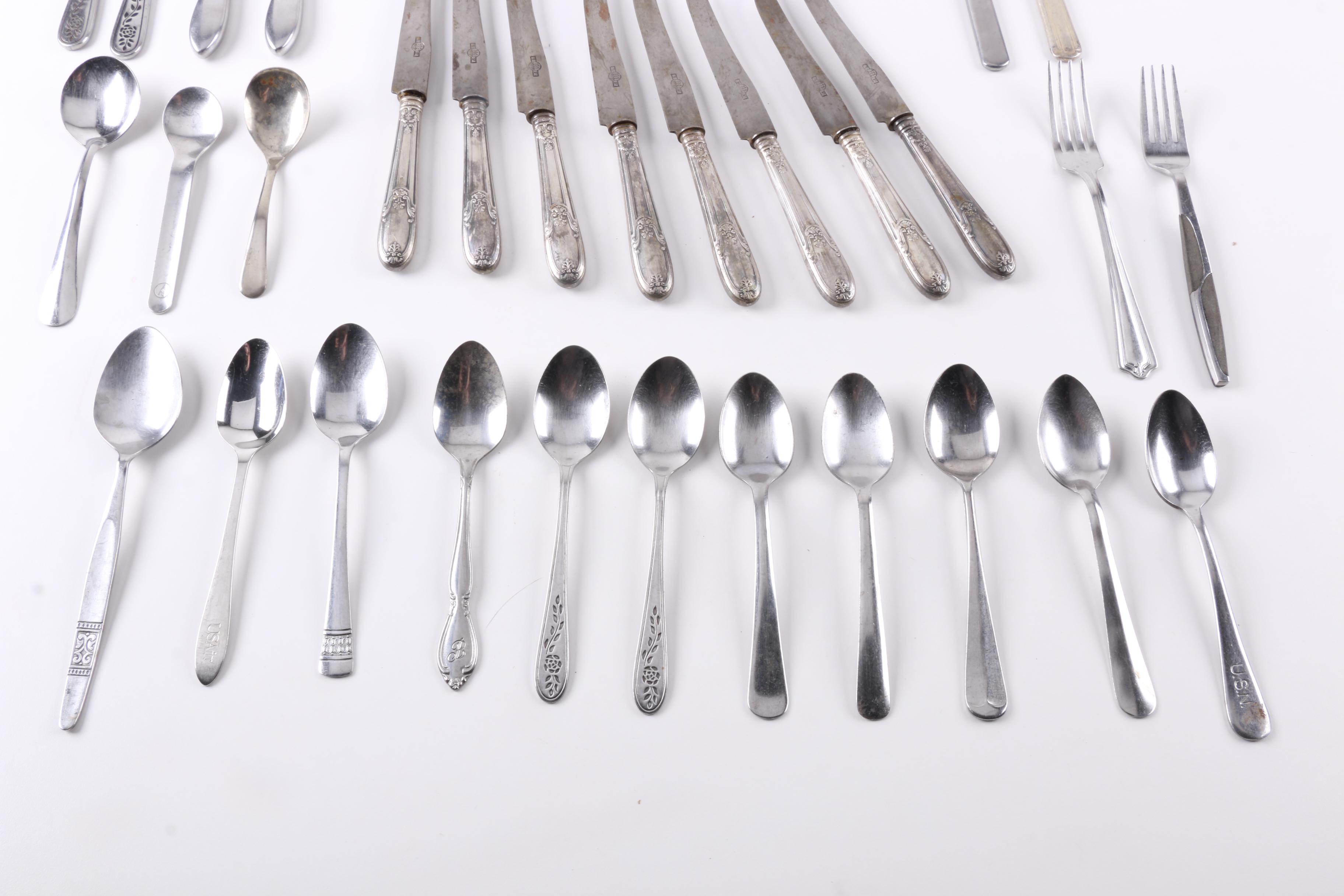Sheffield Silver Plate Spoon and Assorted Stainless Steel Flatware