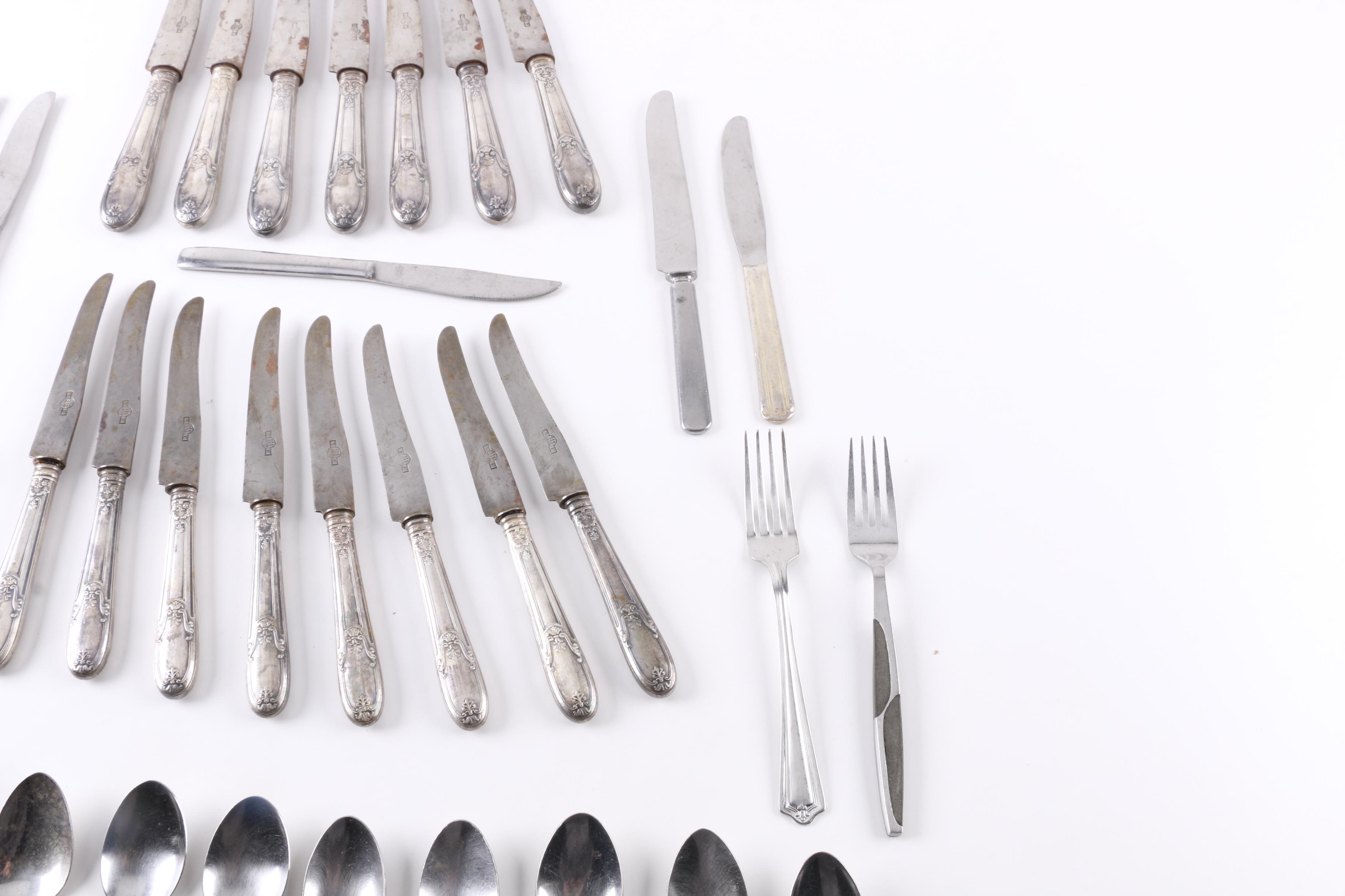 Sheffield Silver Plate Spoon and Assorted Stainless Steel Flatware